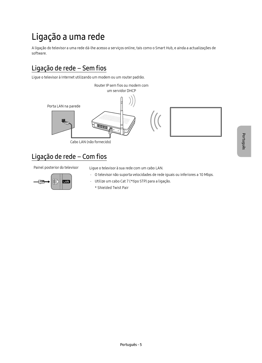 Samsung UE88KS9800TXSQ, UE88KS9800TXZF manual Ligação a uma rede, Ligação de rede Sem fios, Ligação de rede Com fios 