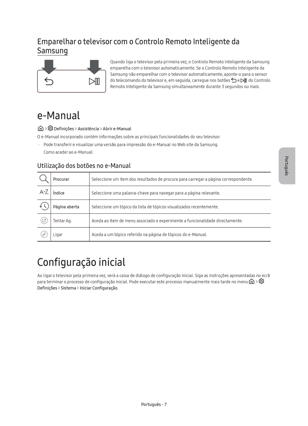 Samsung UE88KS9800TXXU Configuração inicial, Utilização dos botões no e-Manual, Definições Assistência Abrir e-Manual 