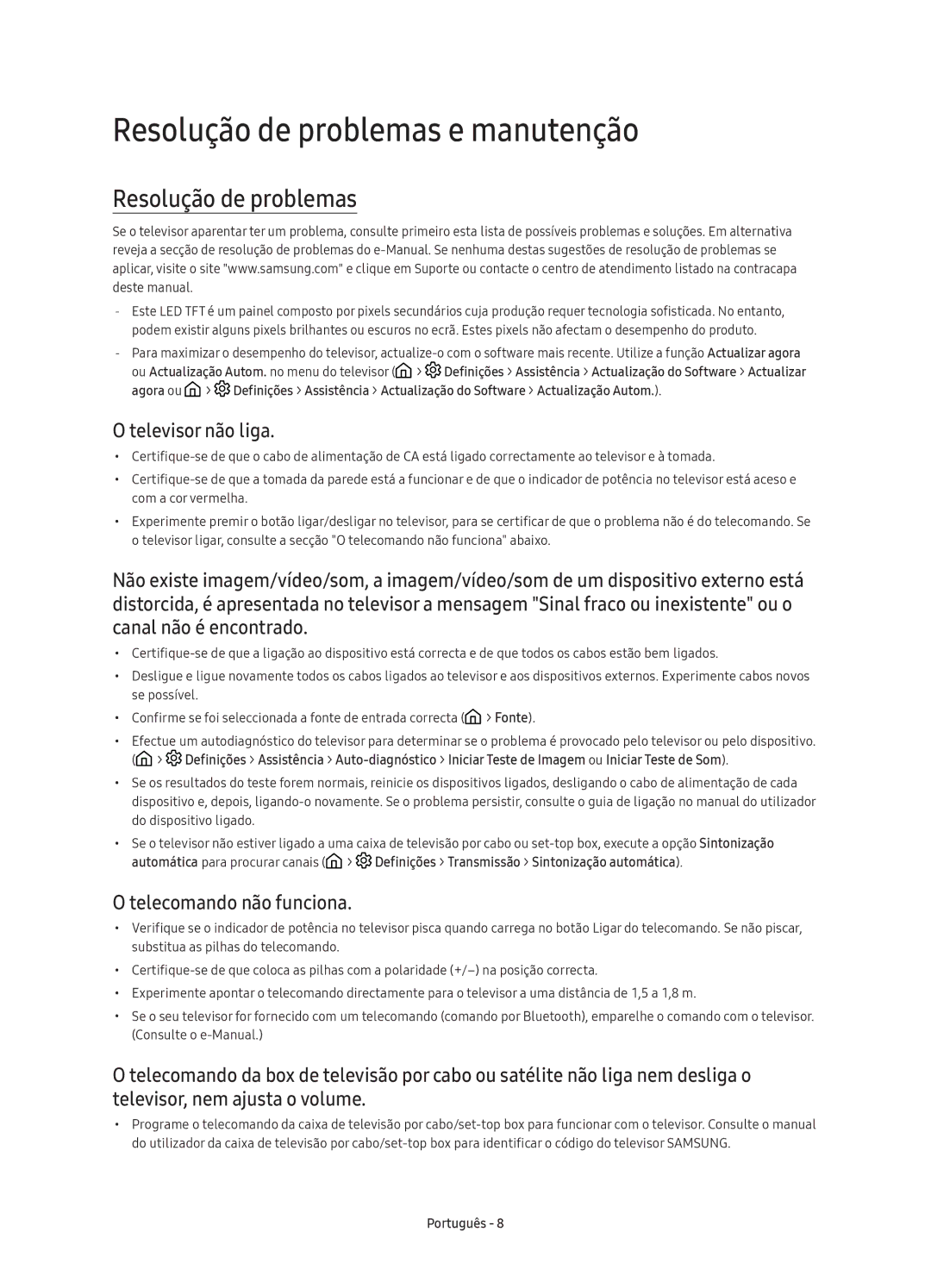 Samsung UE78KS9500TXXU, UE88KS9800TXZF Resolução de problemas e manutenção, Televisor não liga, Telecomando não funciona 