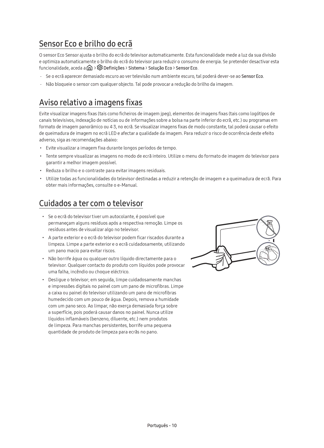 Samsung UE88KS9800TXZF manual Sensor Eco e brilho do ecrã, Aviso relativo a imagens fixas, Cuidados a ter com o televisor 