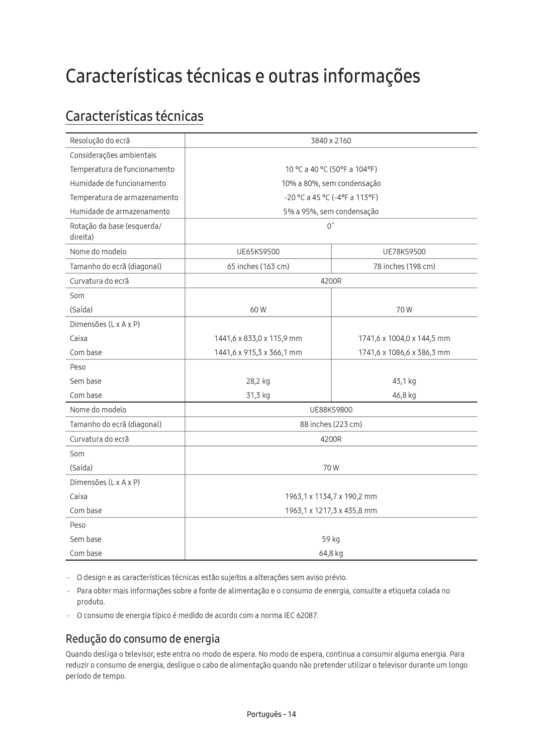 Samsung UE88KS9800TXXC, UE88KS9800TXZF manual Características técnicas e outras informações, Redução do consumo de energia 