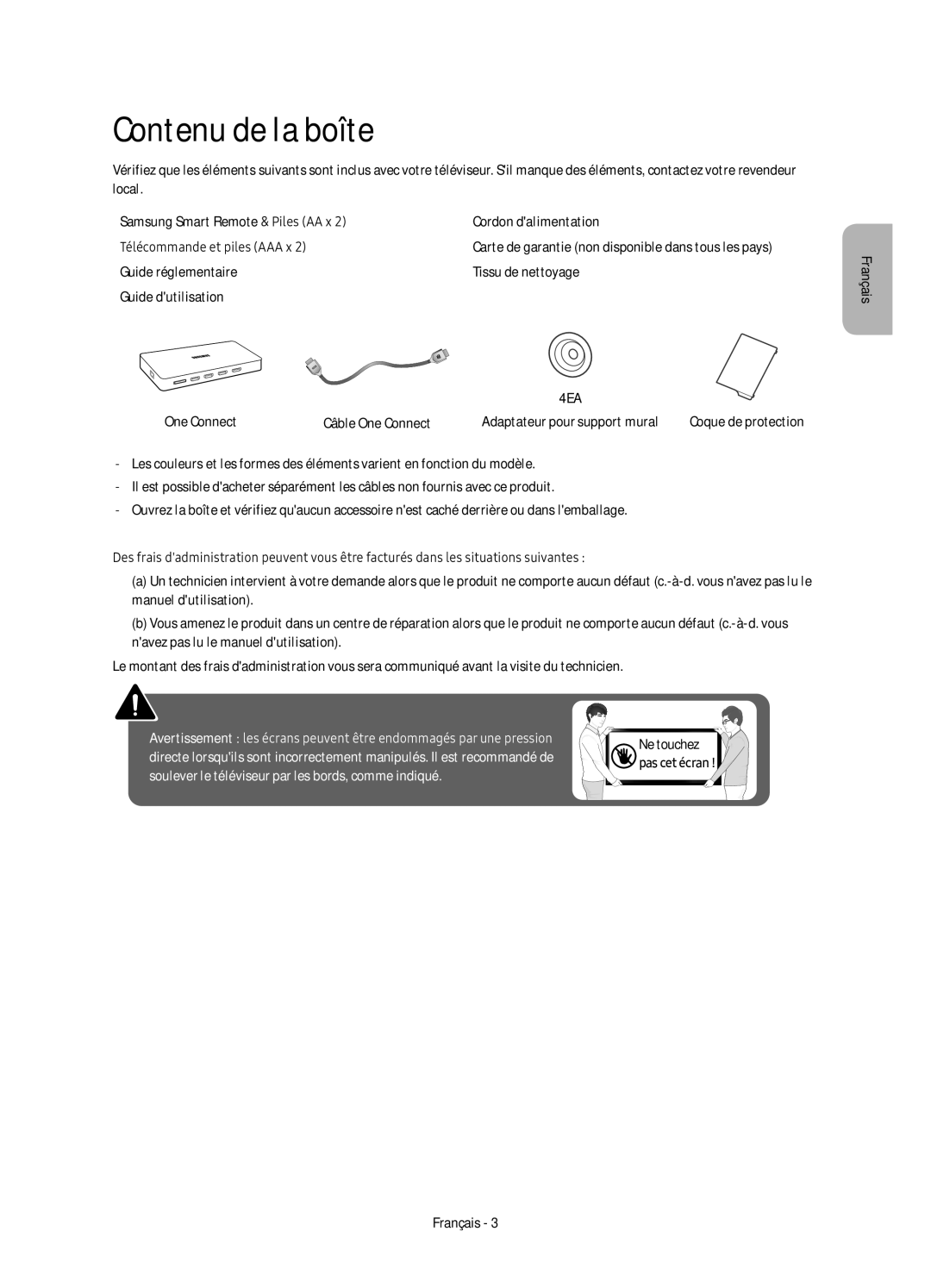 Samsung UE88KS9800TXZF manual Contenu de la boîte, Français 