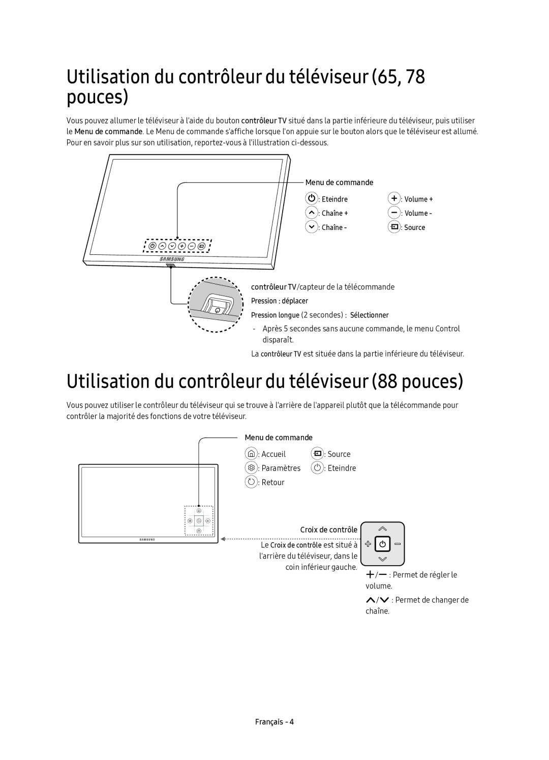 Samsung UE88KS9800TXZF manual Utilisation du contrôleur du téléviseur 65, 78 pouces, Eteindre, Chaîne +, Chaîne Source 