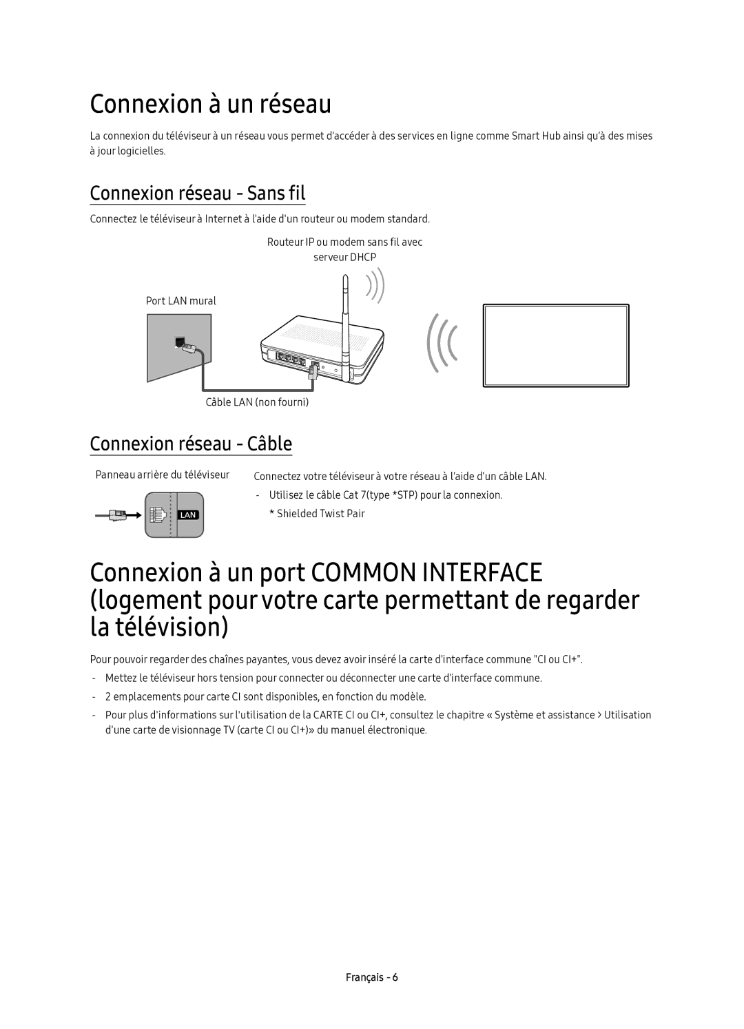 Samsung UE88KS9800TXZF manual Connexion à un réseau, Connexion réseau Sans fil, Connexion réseau Câble 