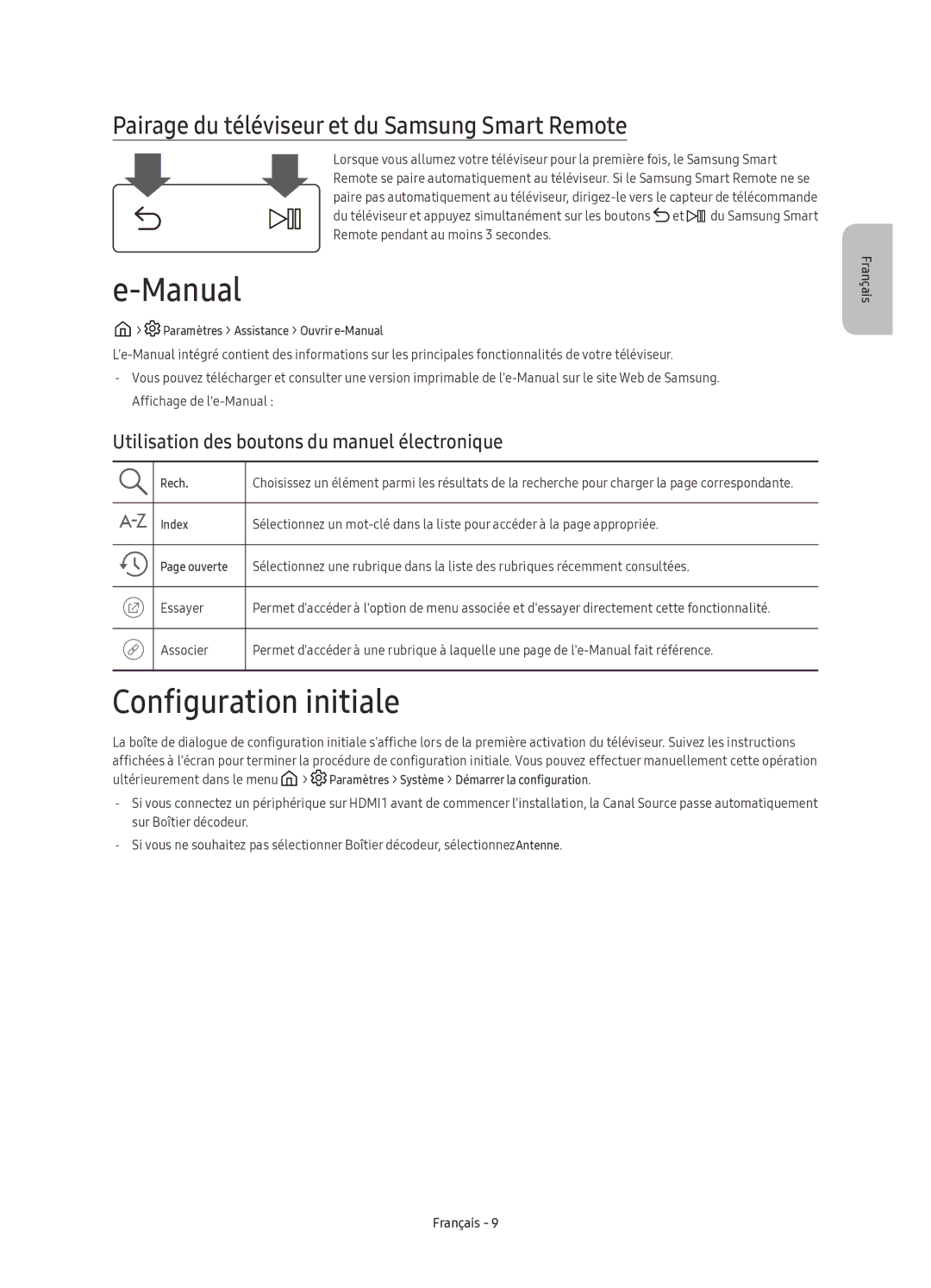 Samsung UE88KS9800TXZF manual Manual, Configuration initiale, Pairage du téléviseur et du Samsung Smart Remote 