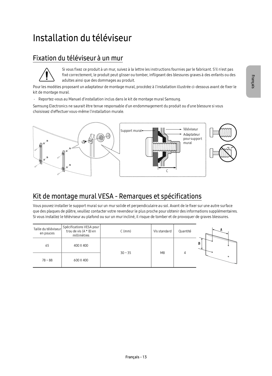 Samsung UE88KS9800TXZF manual Installation du téléviseur, Fixation du téléviseur à un mur 