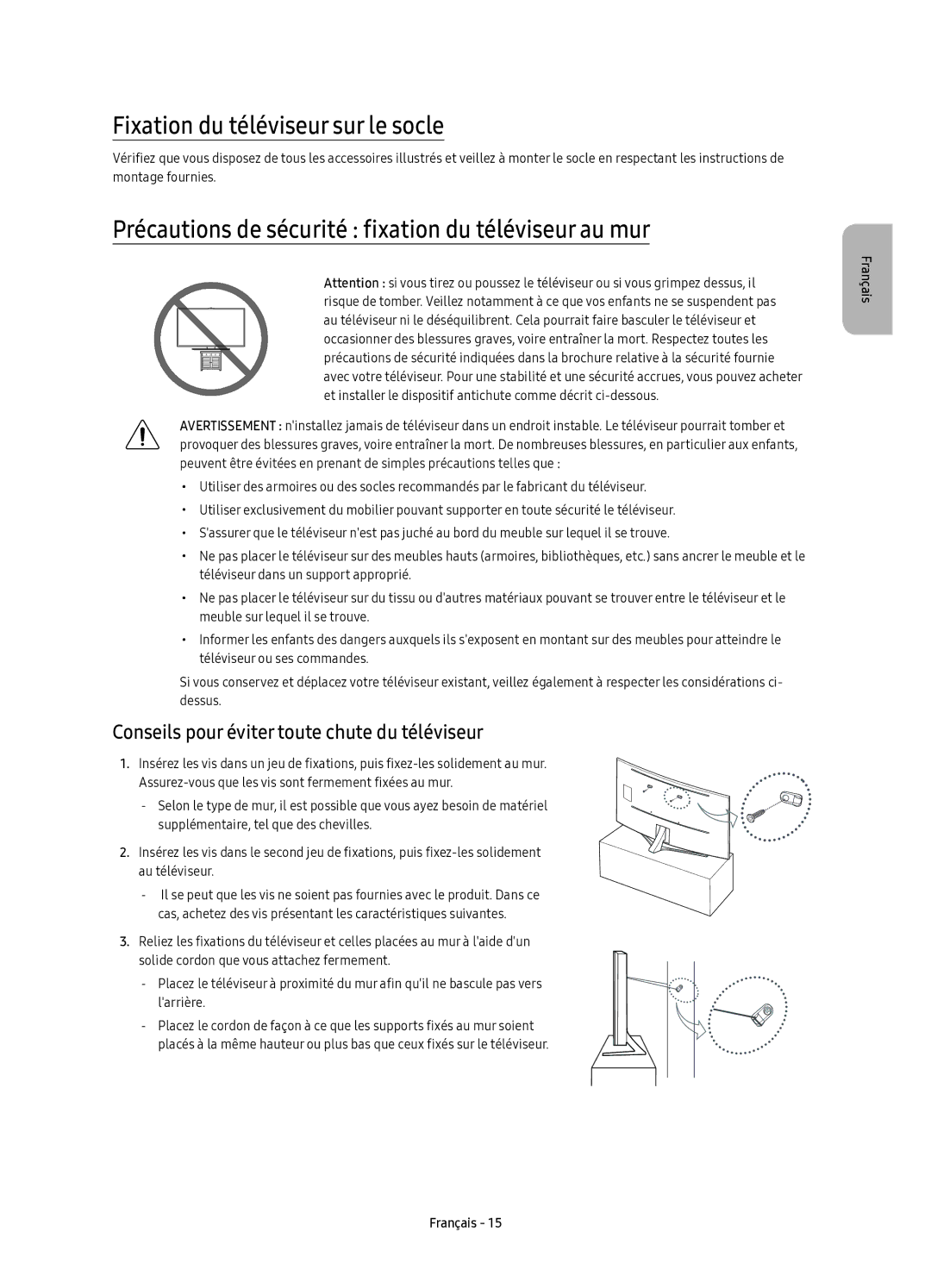 Samsung UE88KS9800TXZF manual Fixation du téléviseur sur le socle, Précautions de sécurité fixation du téléviseur au mur 