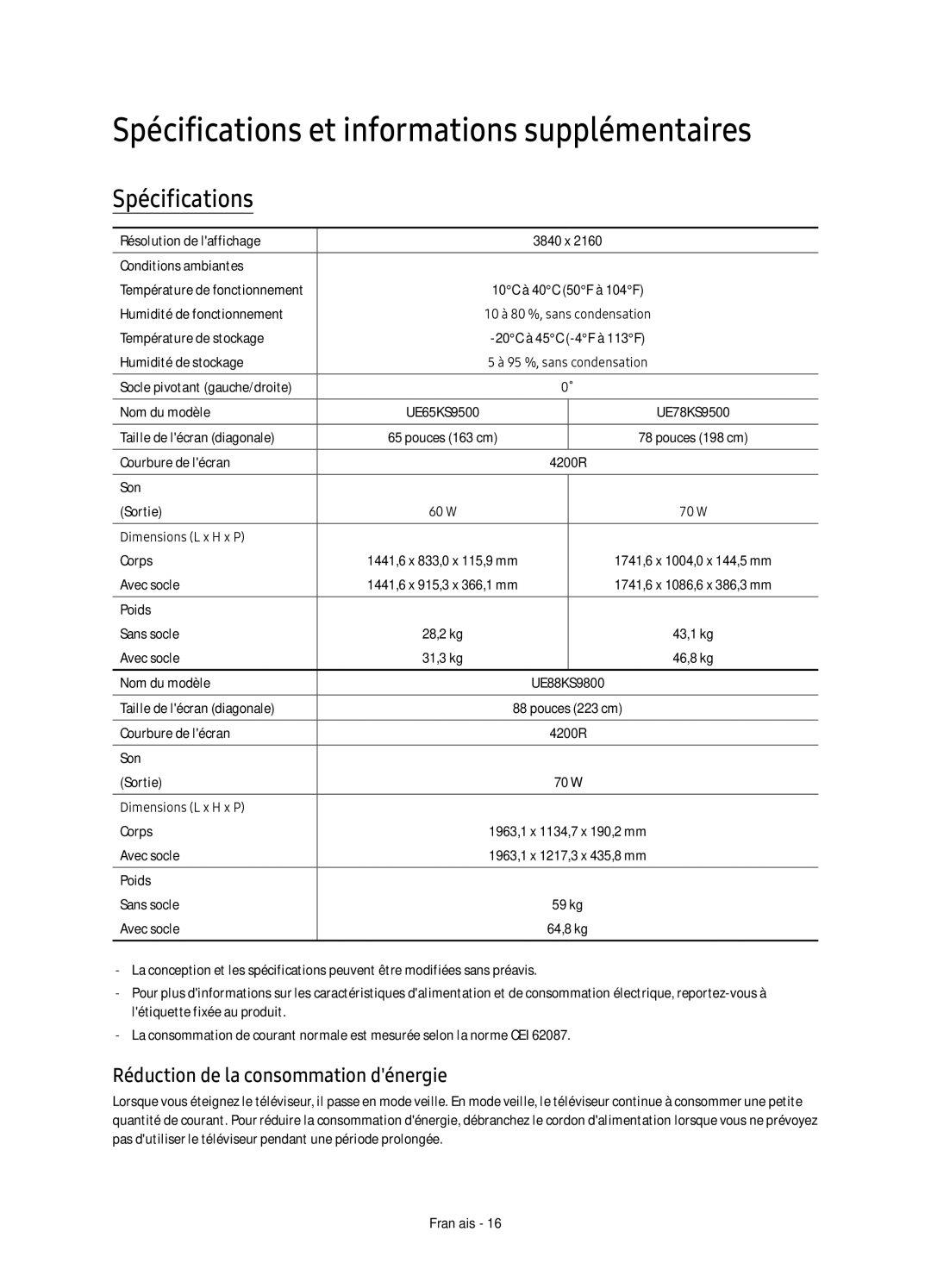 Samsung UE88KS9800TXZF manual Spécifications et informations supplémentaires, Réduction de la consommation dénergie 