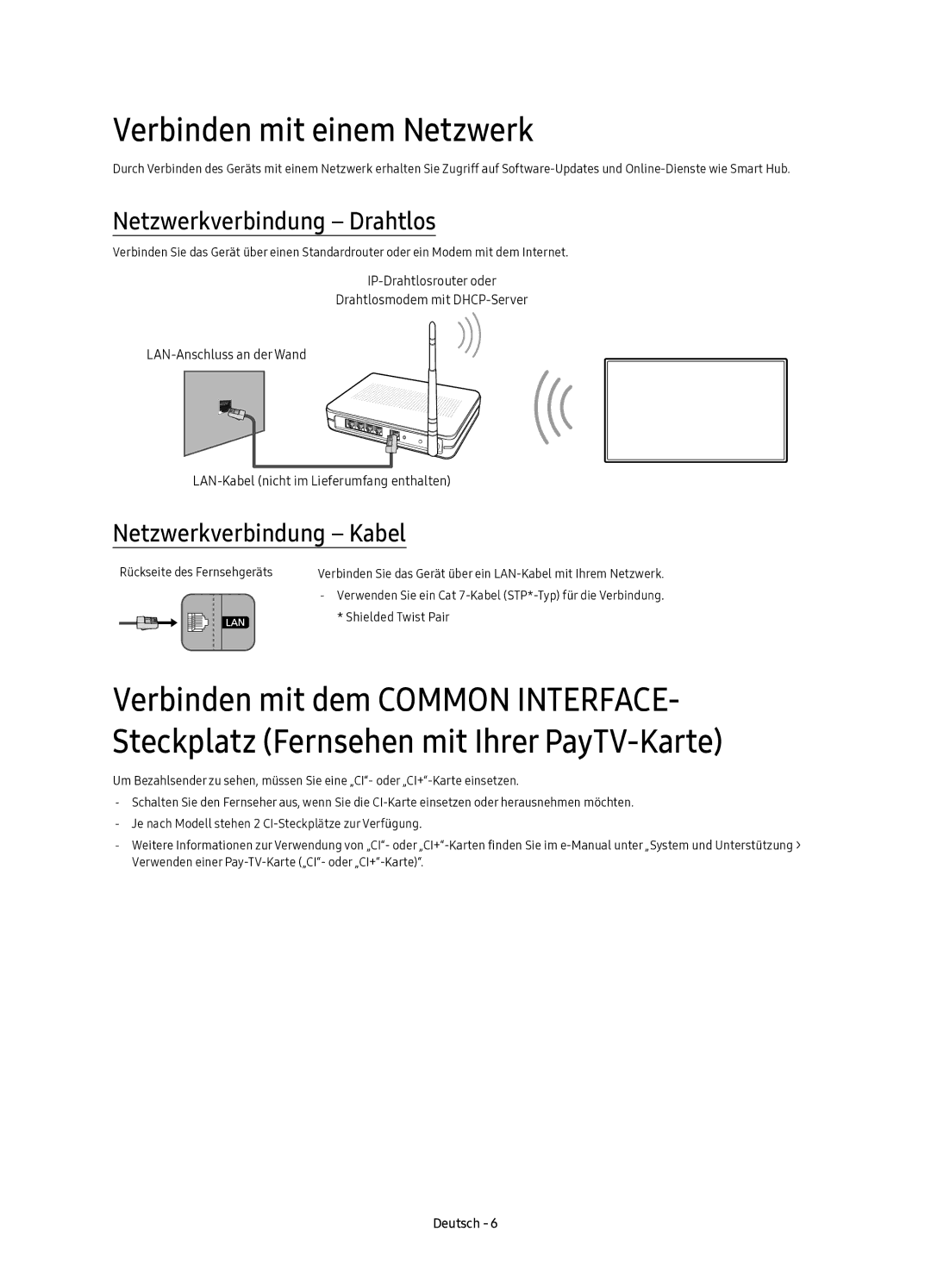 Samsung UE88KS9800TXZF manual Verbinden mit einem Netzwerk, Netzwerkverbindung Drahtlos, Netzwerkverbindung Kabel 