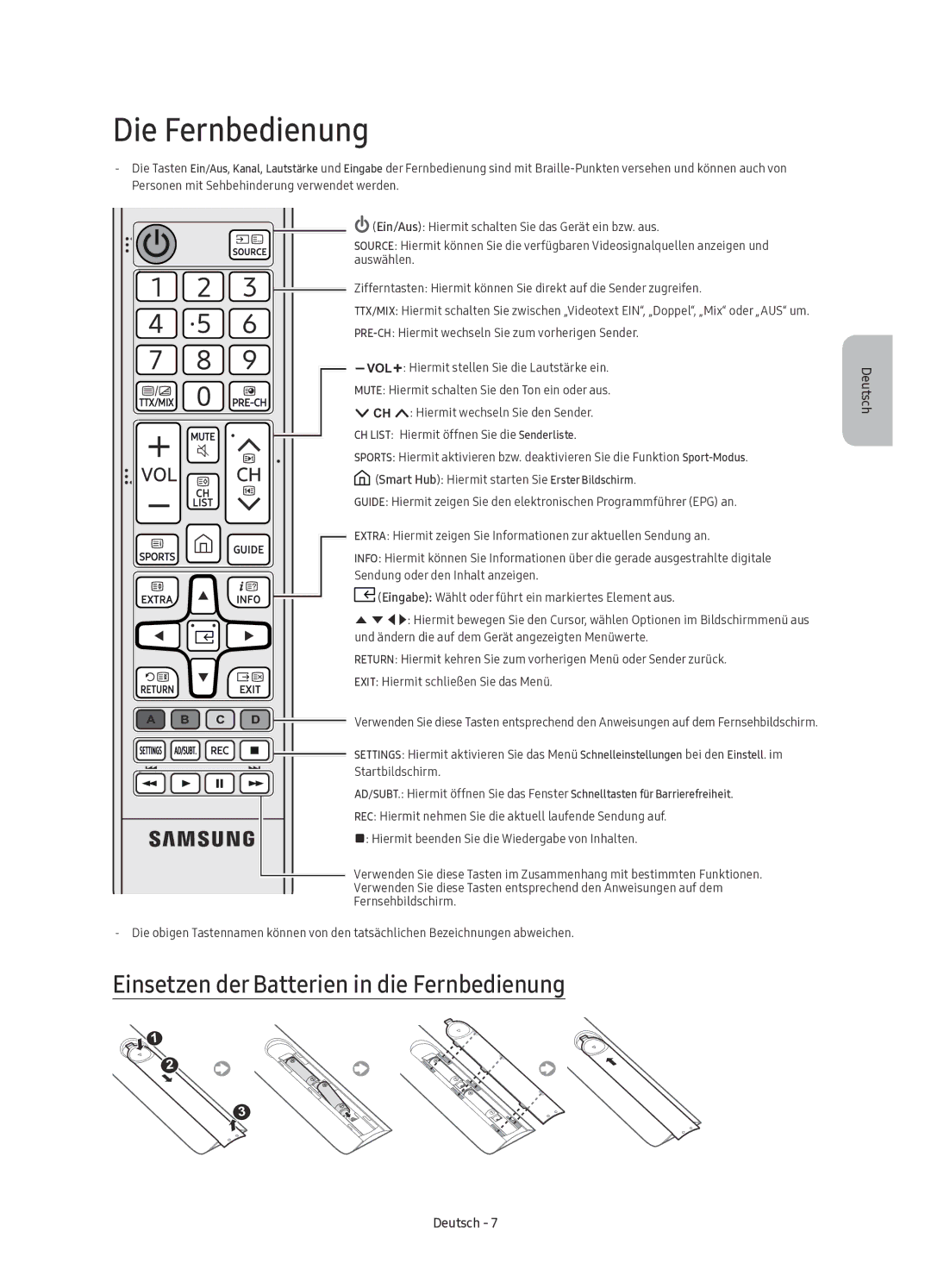 Samsung UE88KS9800TXZF manual Die Fernbedienung, Einsetzen der Batterien in die Fernbedienung 