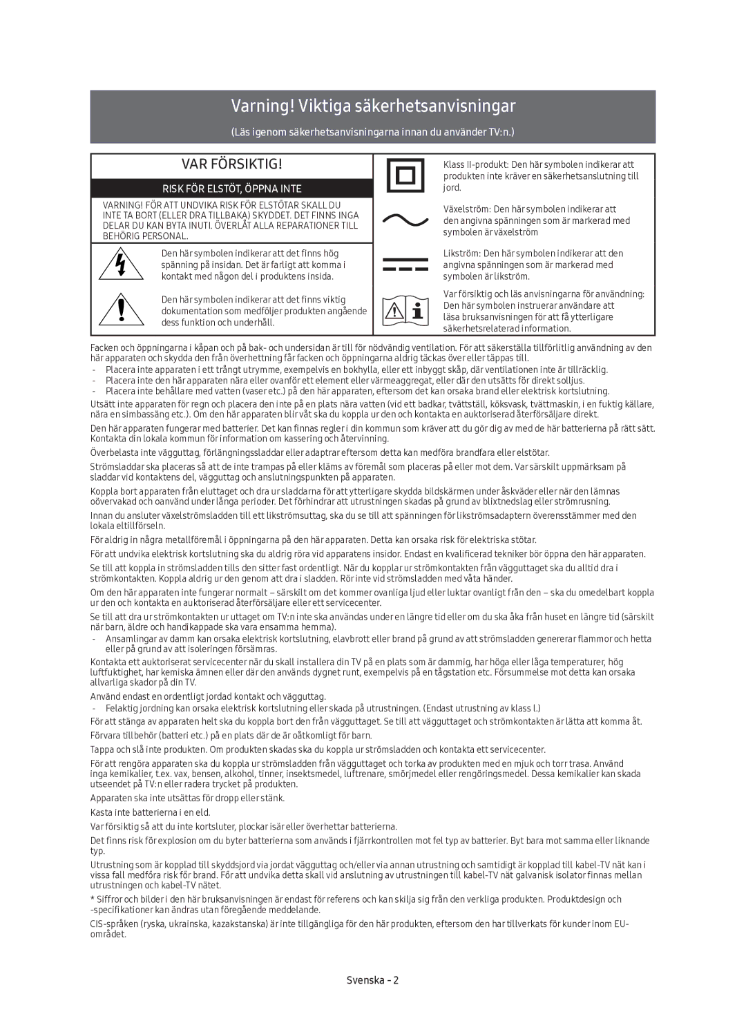 Samsung UE88KS9805TXXE manual Varning! Viktiga säkerhetsanvisningar, Svenska 