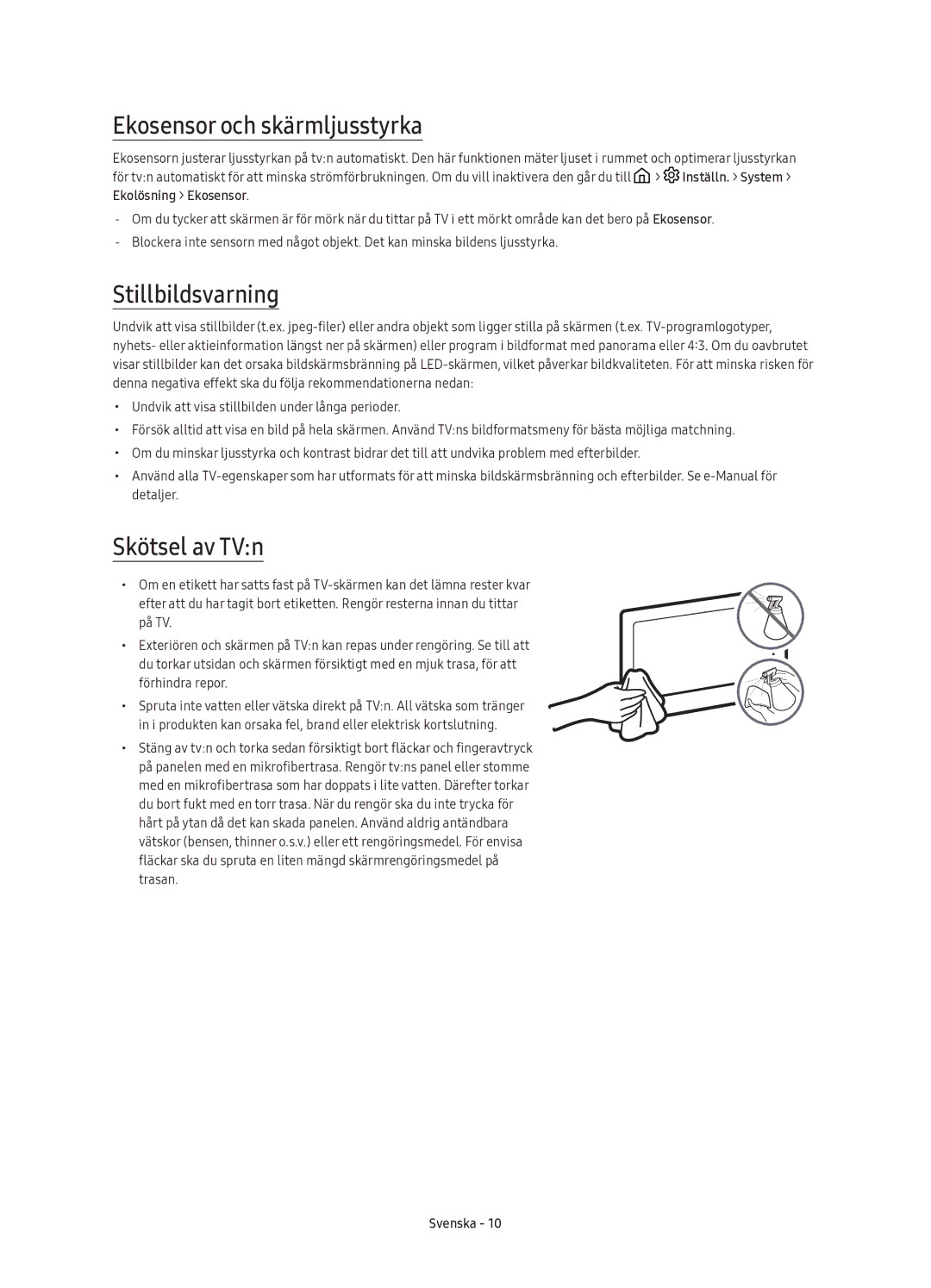 Samsung UE88KS9805TXXE manual Ekosensor och skärmljusstyrka, Stillbildsvarning, Skötsel av TVn 