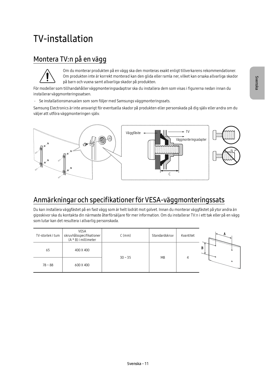 Samsung UE88KS9805TXXE manual TV-installation, Montera TVn på en vägg 