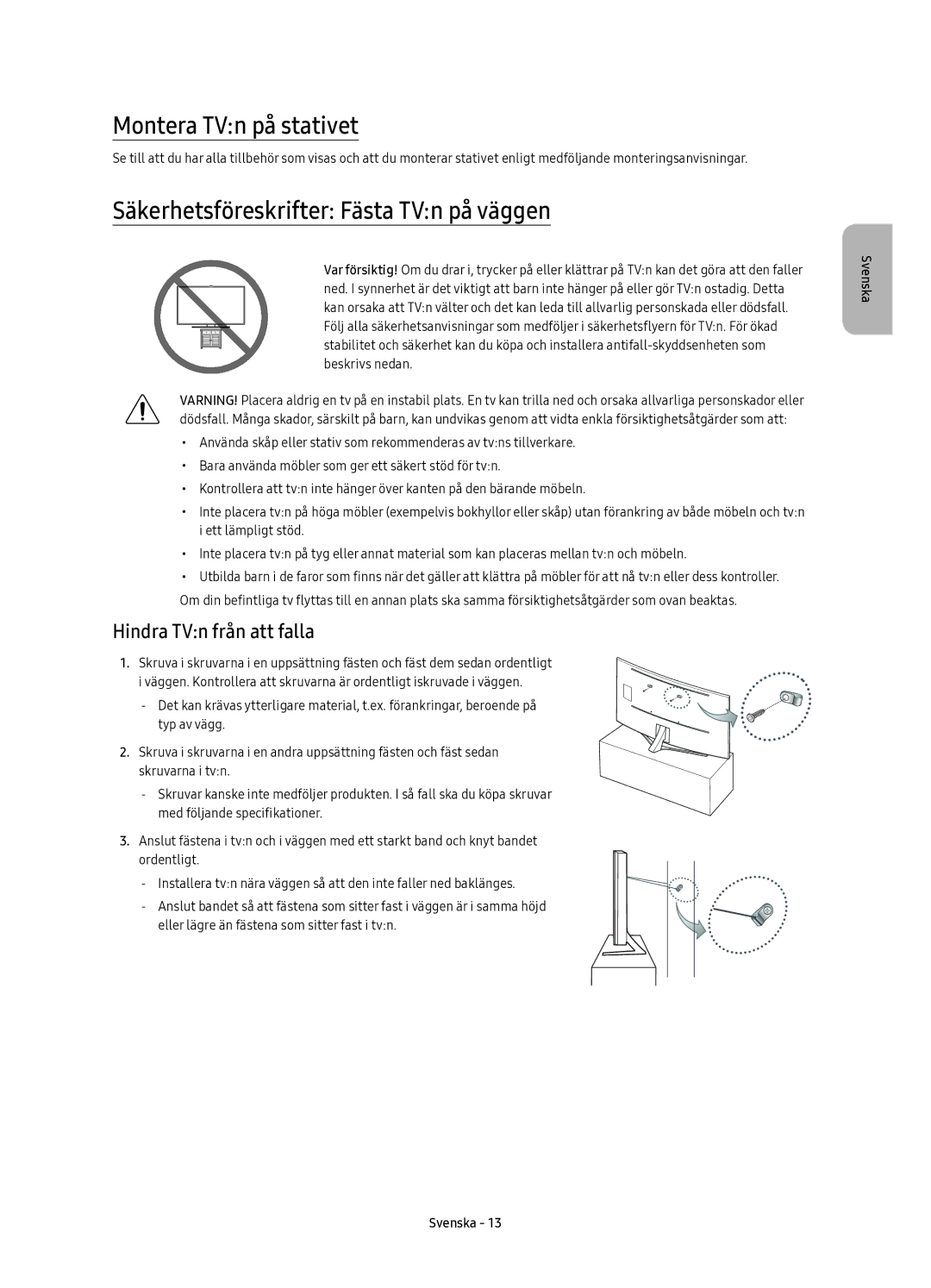 Samsung UE88KS9805TXXE manual Montera TVn på stativet, Säkerhetsföreskrifter Fästa TVn på väggen, Hindra TVn från att falla 