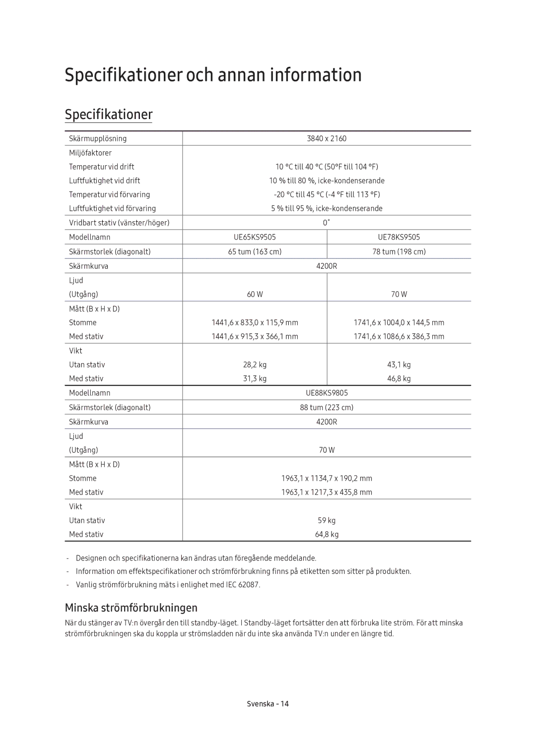 Samsung UE88KS9805TXXE manual Specifikationer och annan information, Minska strömförbrukningen 