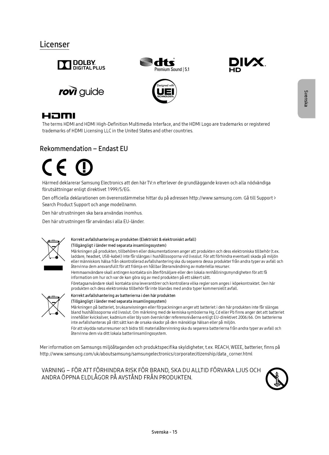 Samsung UE88KS9805TXXE manual Licenser, Rekommendation Endast EU 