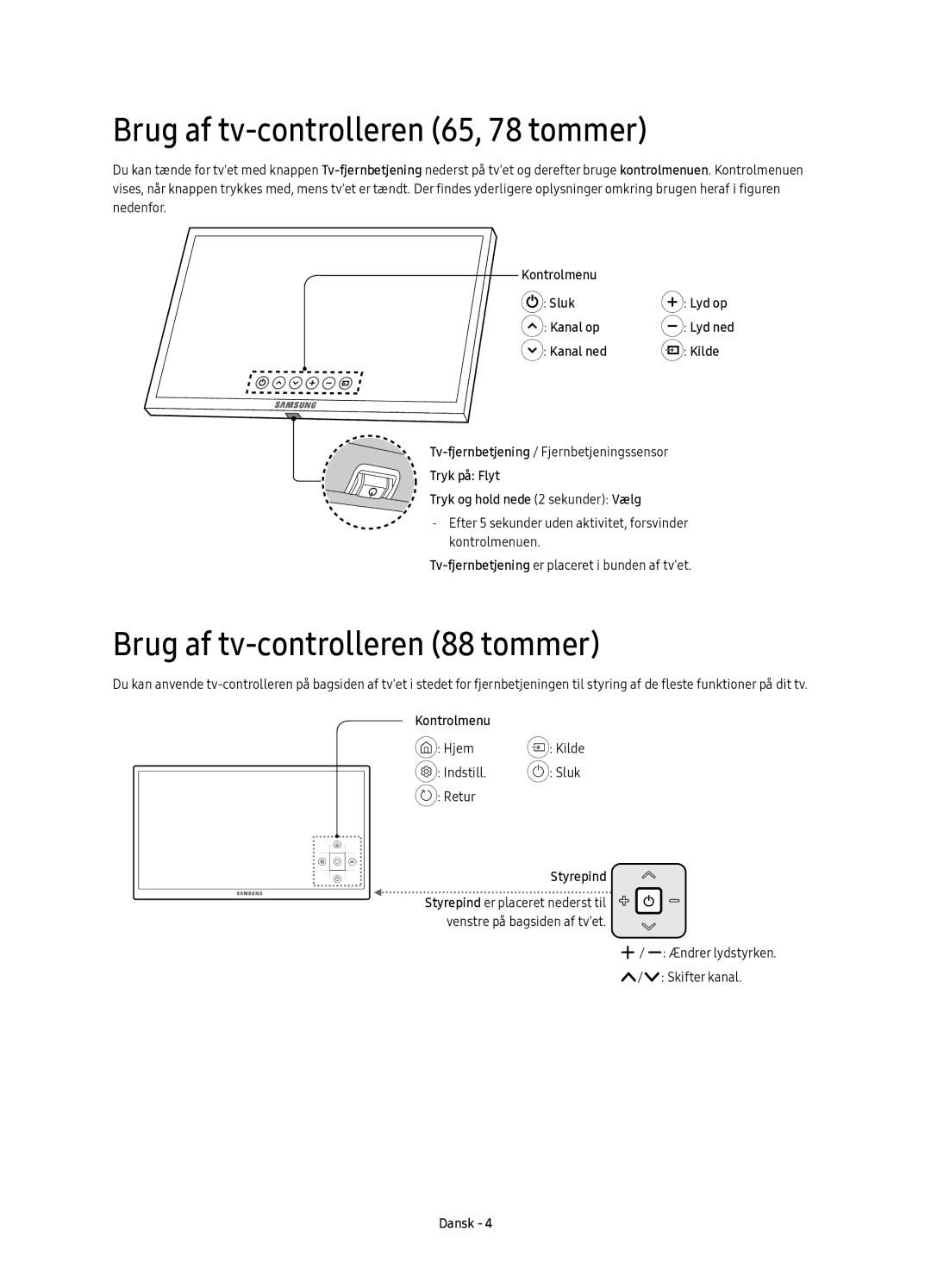 Samsung UE88KS9805TXXE manual Brug af tv-controlleren 65, 78 tommer, Brug af tv-controlleren 88 tommer 