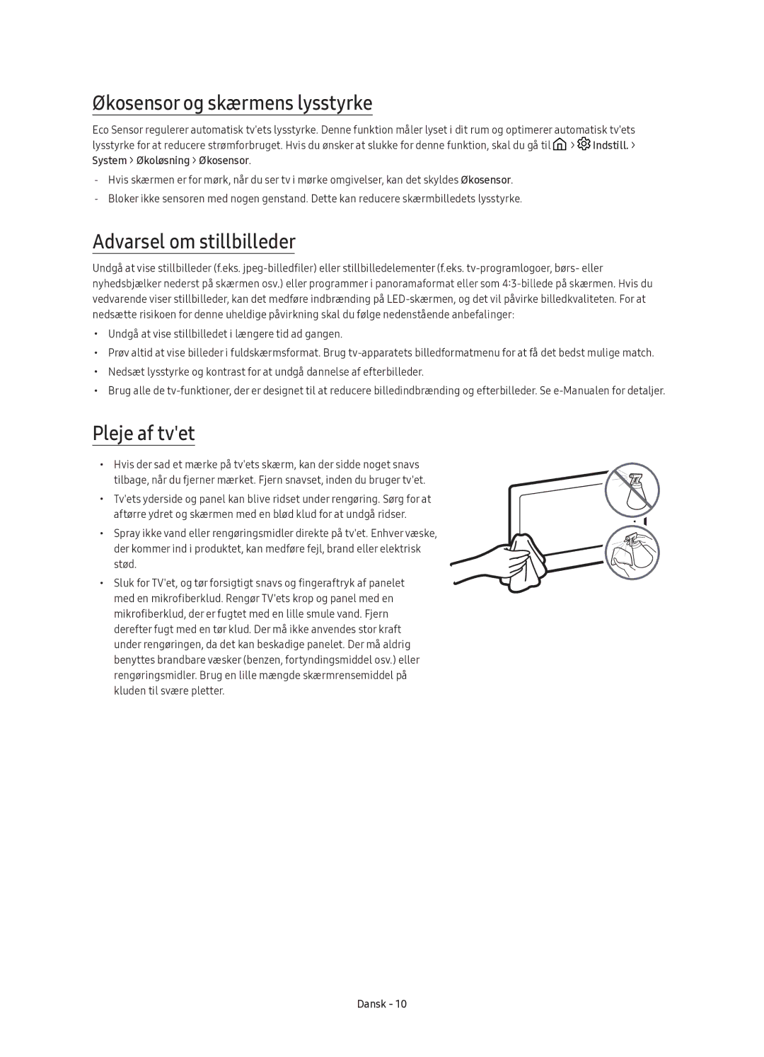 Samsung UE88KS9805TXXE manual Økosensor og skærmens lysstyrke, Pleje af tvet 