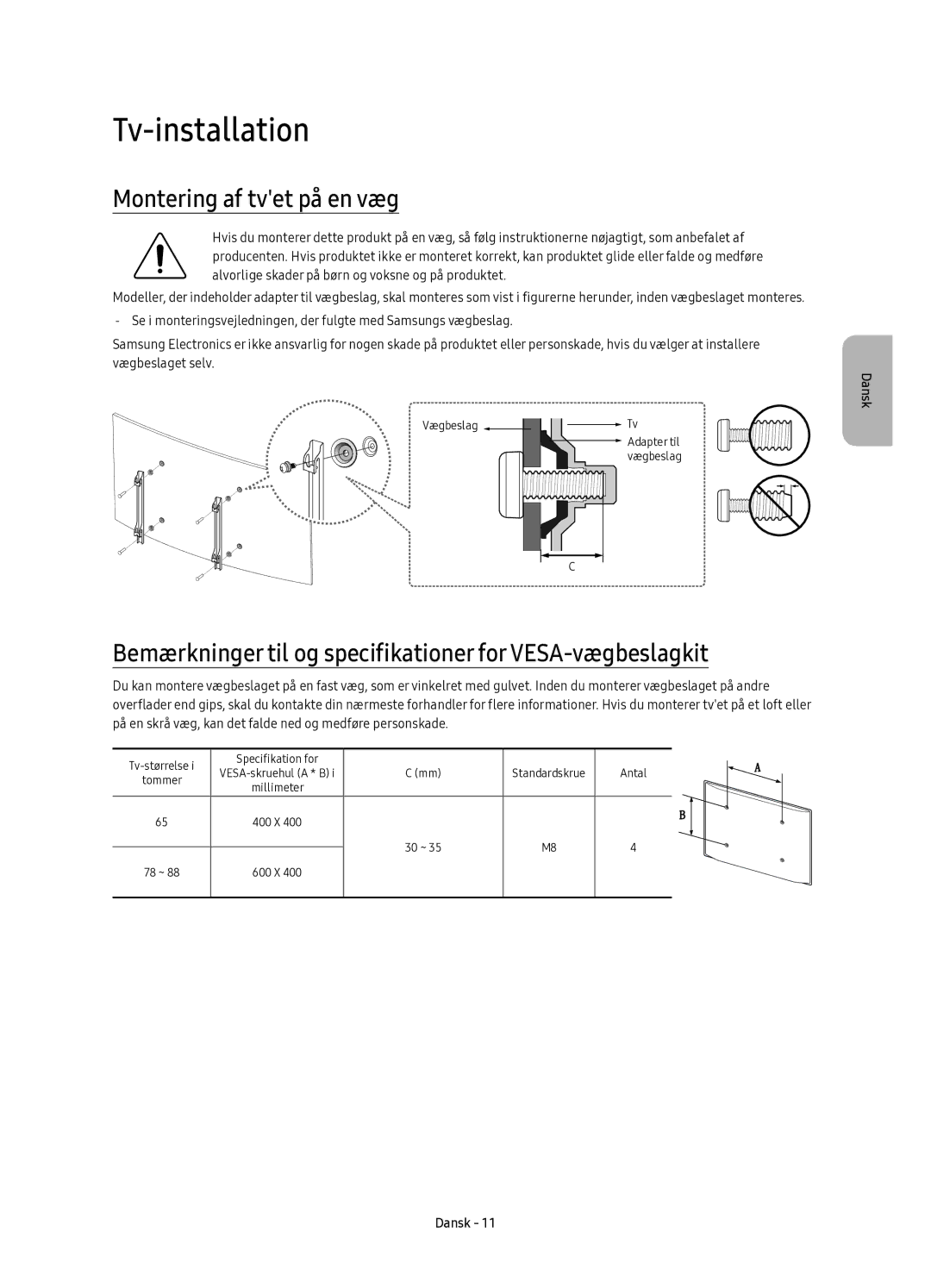 Samsung UE88KS9805TXXE manual Montering af tvet på en væg, Bemærkninger til og specifikationer for VESA-vægbeslagkit 