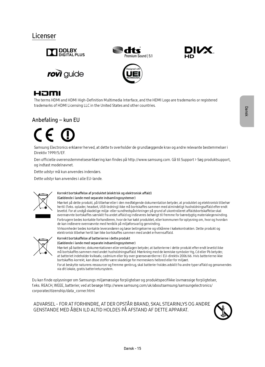 Samsung UE88KS9805TXXE manual Licenser, Anbefaling kun EU 