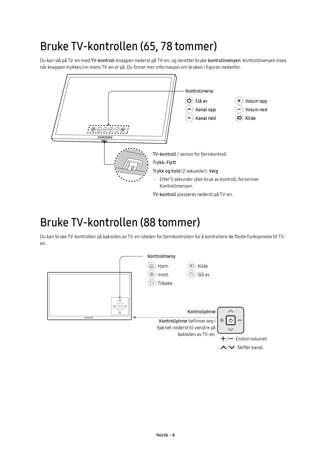 Samsung UE88KS9805TXXE manual Bruke TV-kontrollen 65, 78 tommer, Bruke TV-kontrollen 88 tommer 