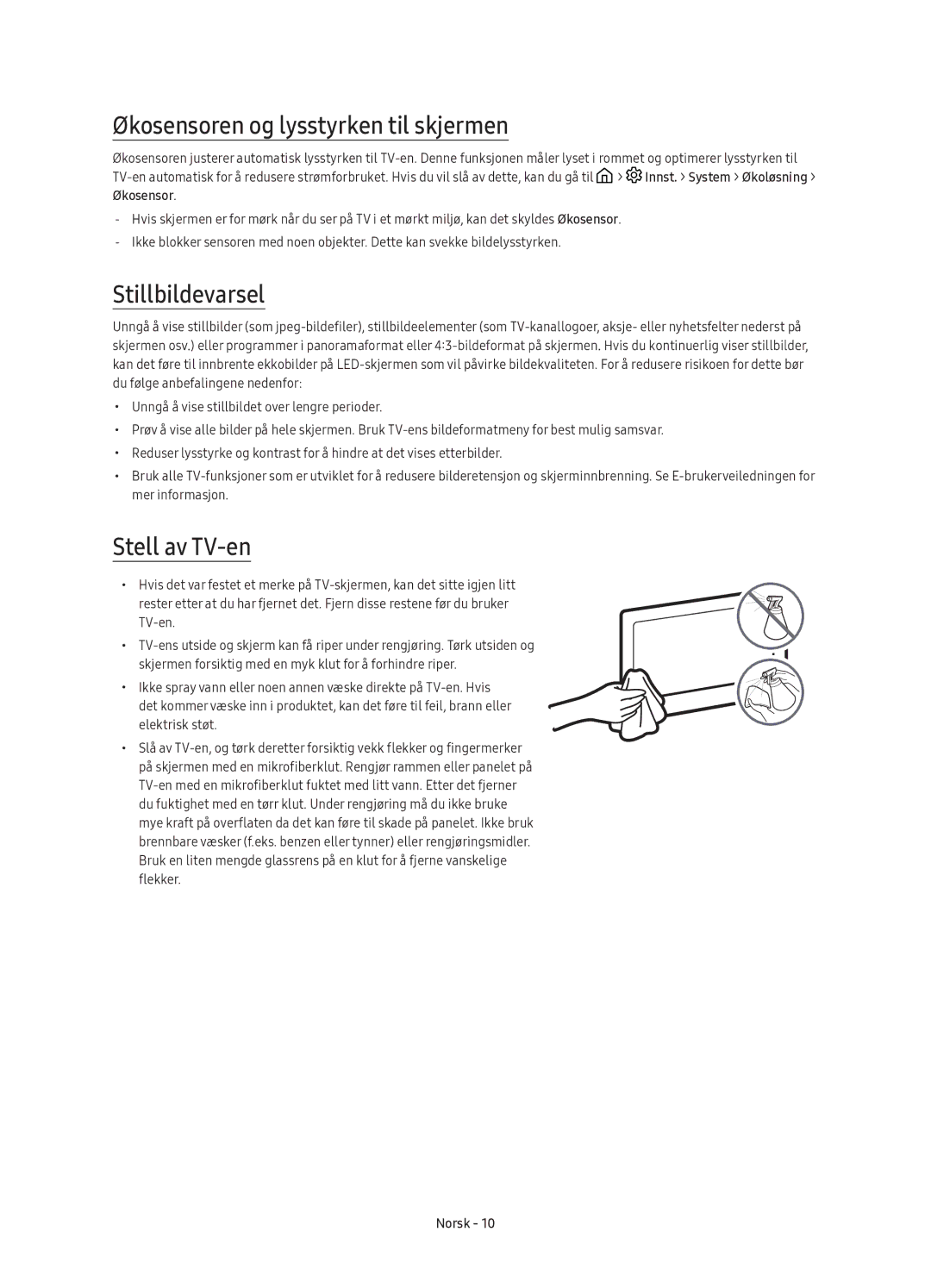 Samsung UE88KS9805TXXE manual Økosensoren og lysstyrken til skjermen, Stillbildevarsel, Stell av TV-en 