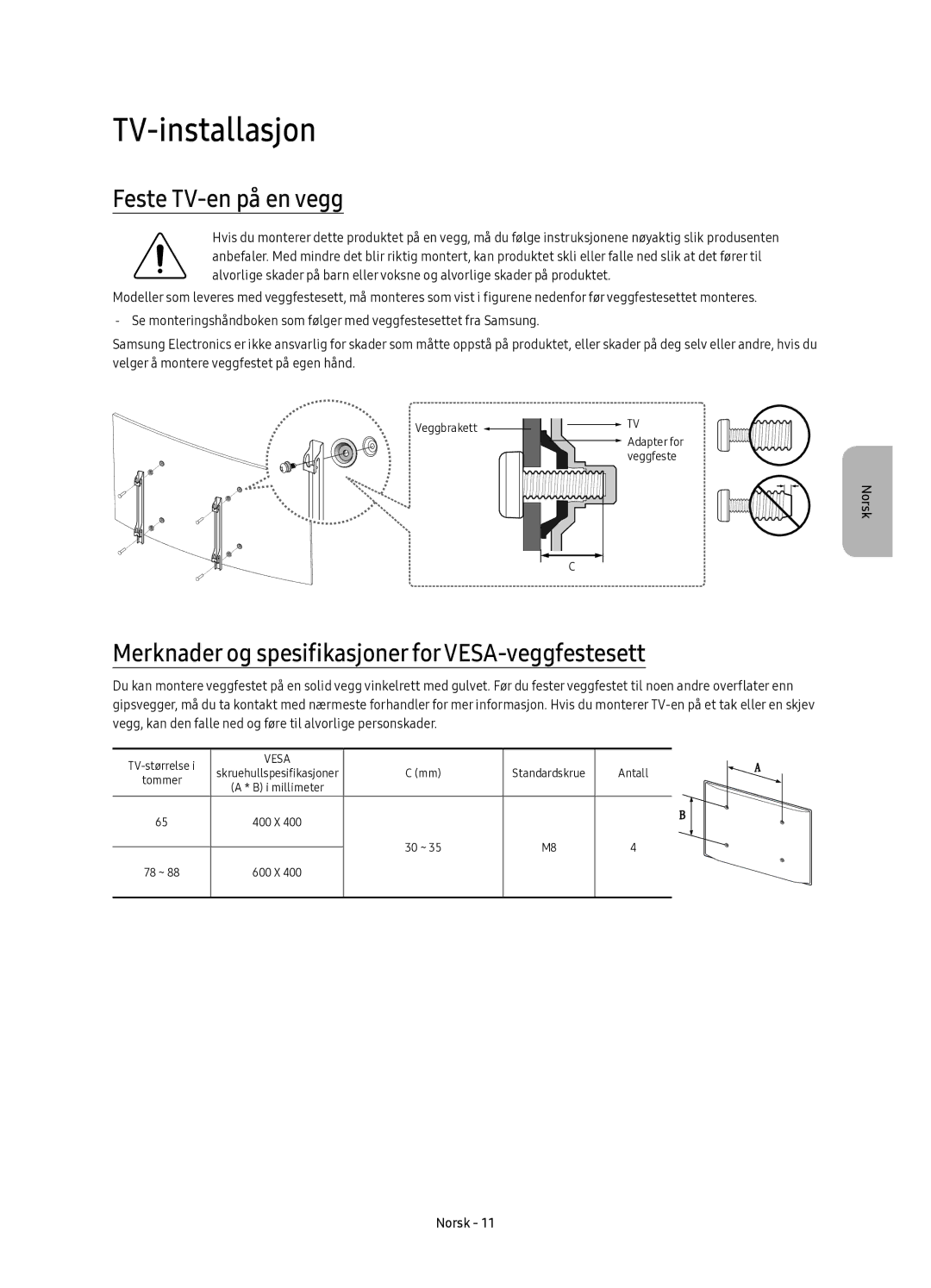 Samsung UE88KS9805TXXE manual TV-installasjon, Feste TV-en på en vegg, Merknader og spesifikasjoner for VESA-veggfestesett 