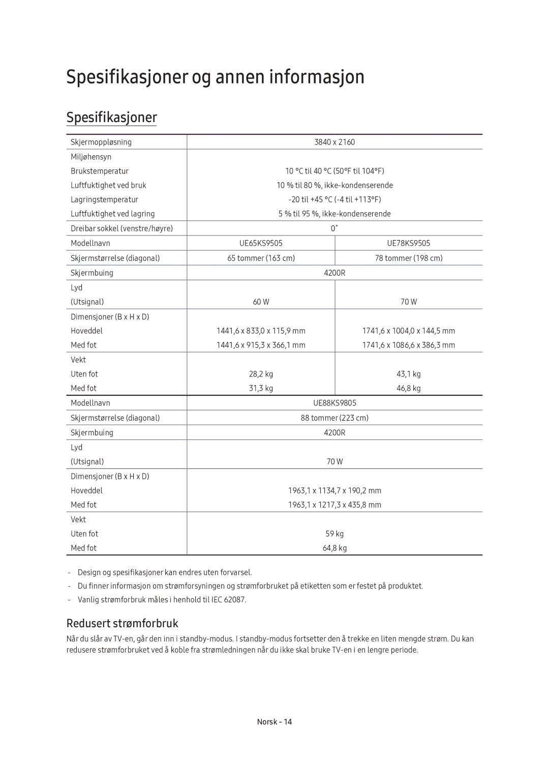 Samsung UE88KS9805TXXE manual Spesifikasjoner og annen informasjon, Redusert strømforbruk 