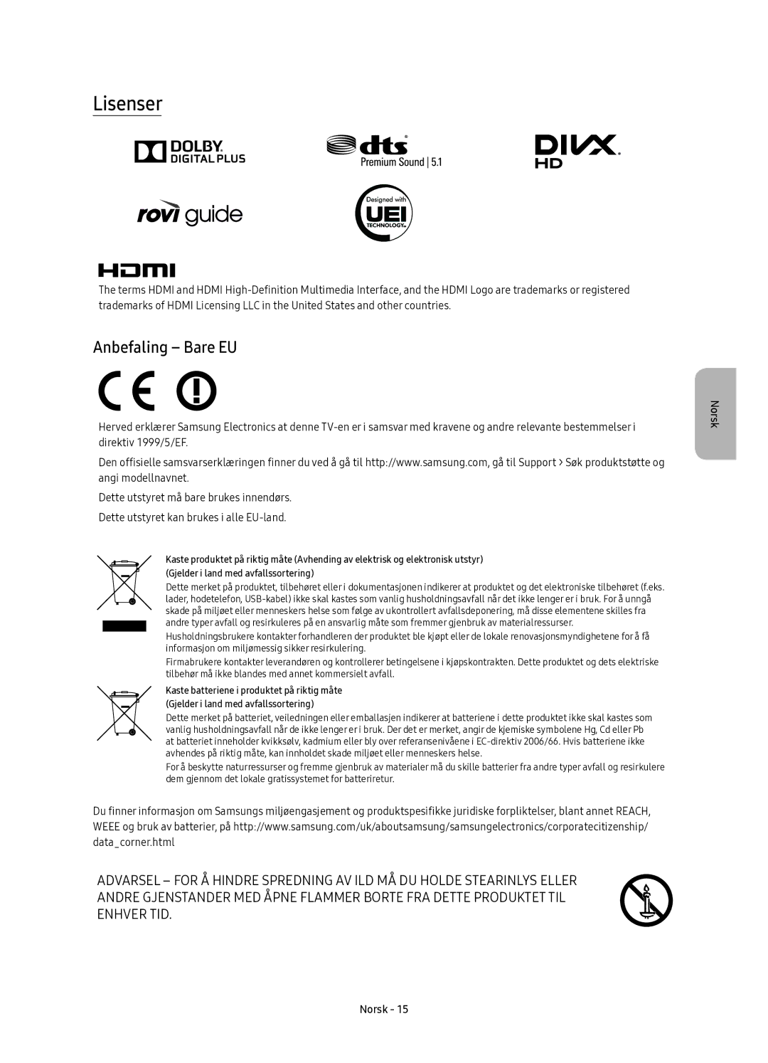 Samsung UE88KS9805TXXE manual Lisenser, Anbefaling Bare EU 