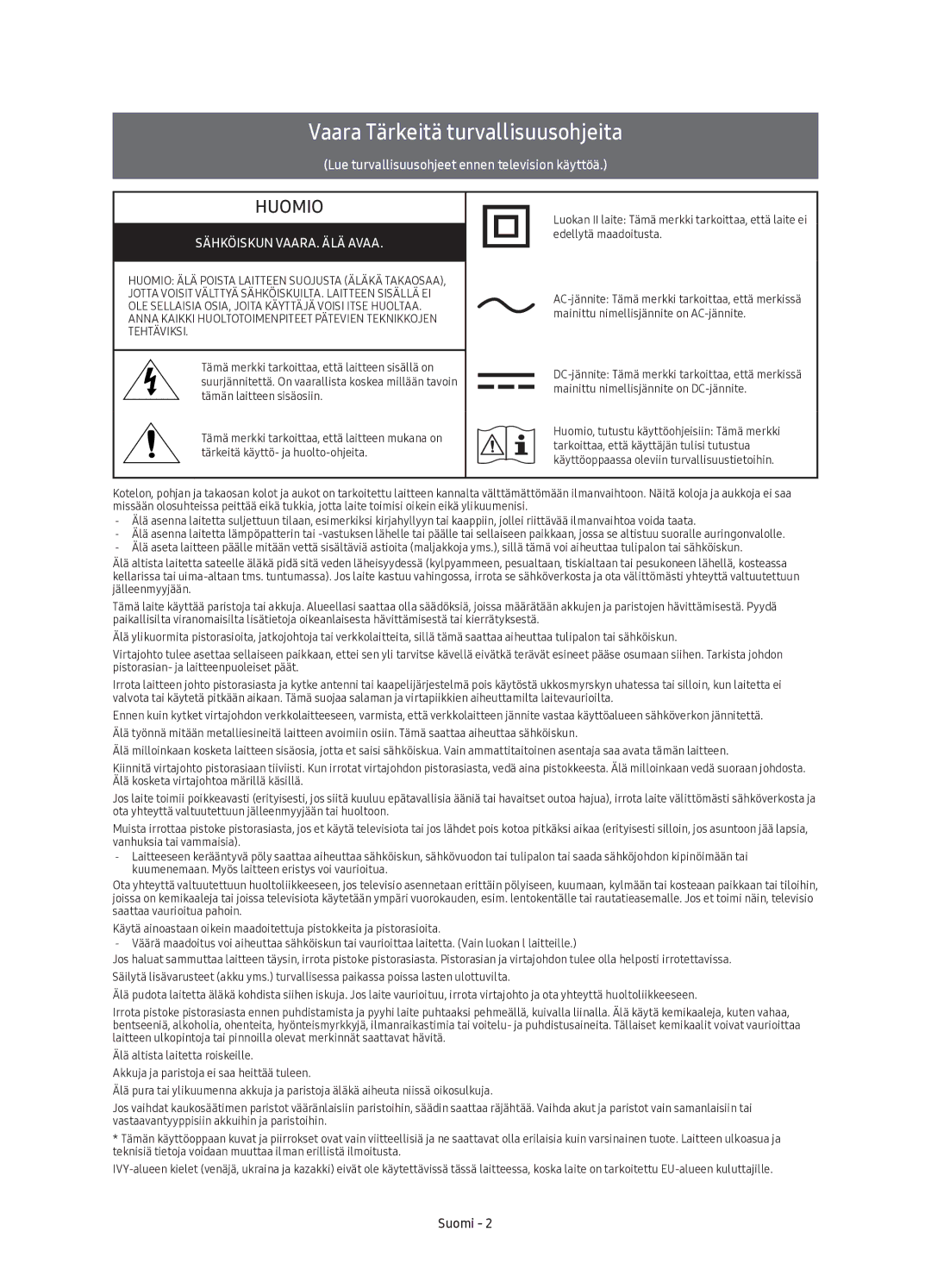 Samsung UE88KS9805TXXE manual Vaara Tärkeitä turvallisuusohjeita, Suomi 