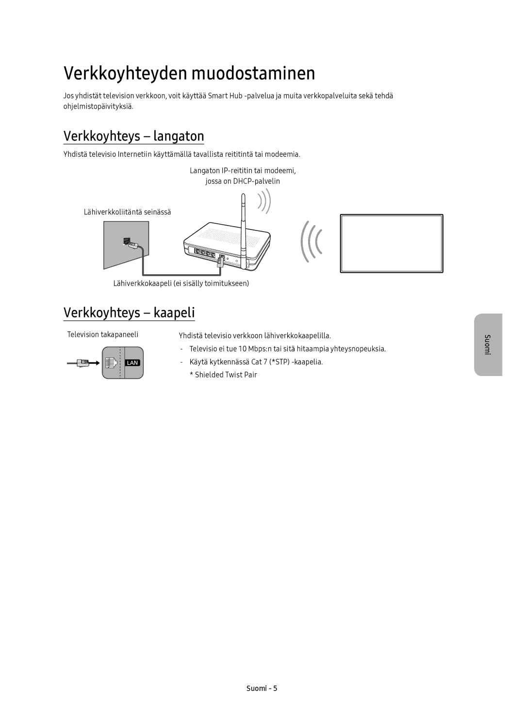 Samsung UE88KS9805TXXE manual Verkkoyhteyden muodostaminen, Verkkoyhteys langaton, Verkkoyhteys kaapeli 