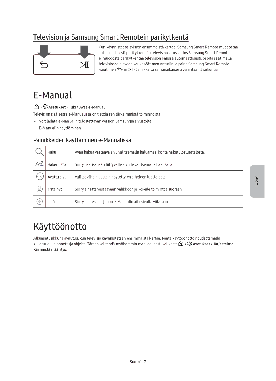 Samsung UE88KS9805TXXE manual Käyttöönotto, Television ja Samsung Smart Remotein parikytkentä 