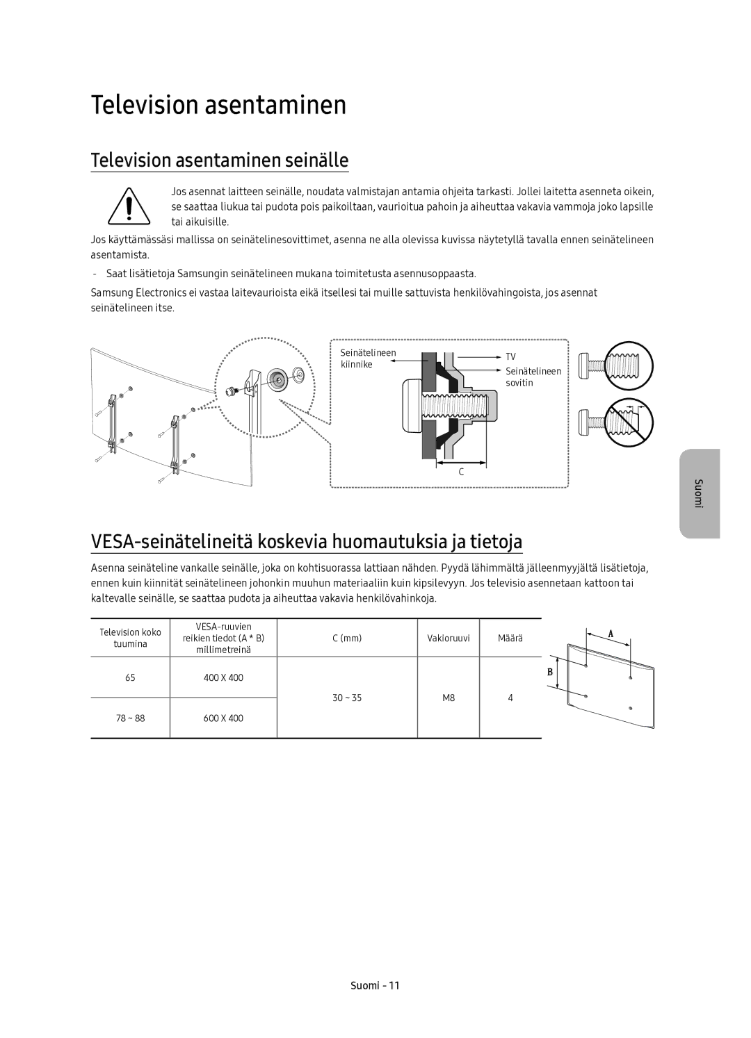 Samsung UE88KS9805TXXE manual Television asentaminen seinälle, VESA-seinätelineitä koskevia huomautuksia ja tietoja 