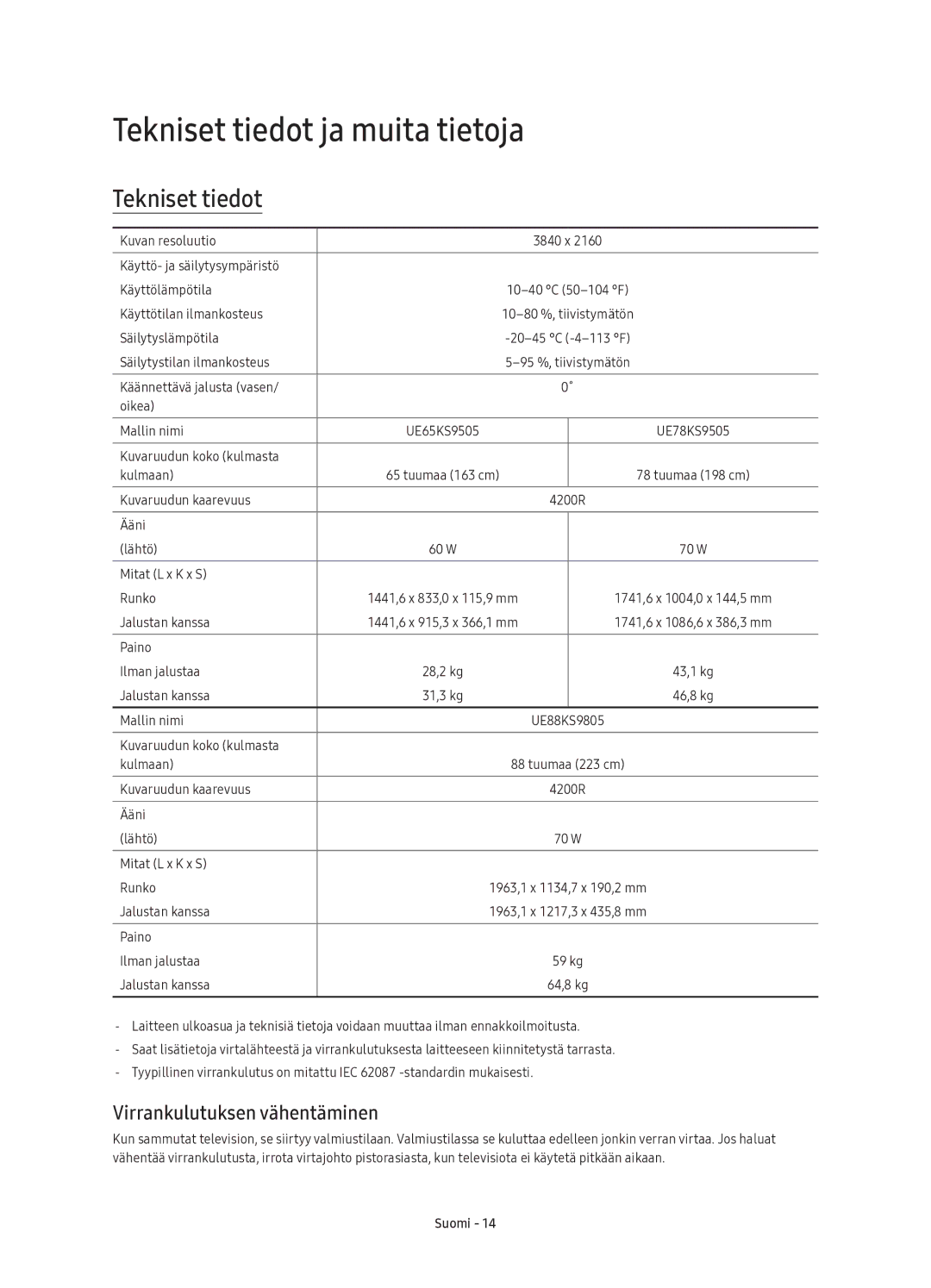 Samsung UE88KS9805TXXE manual Tekniset tiedot ja muita tietoja, Virrankulutuksen vähentäminen 