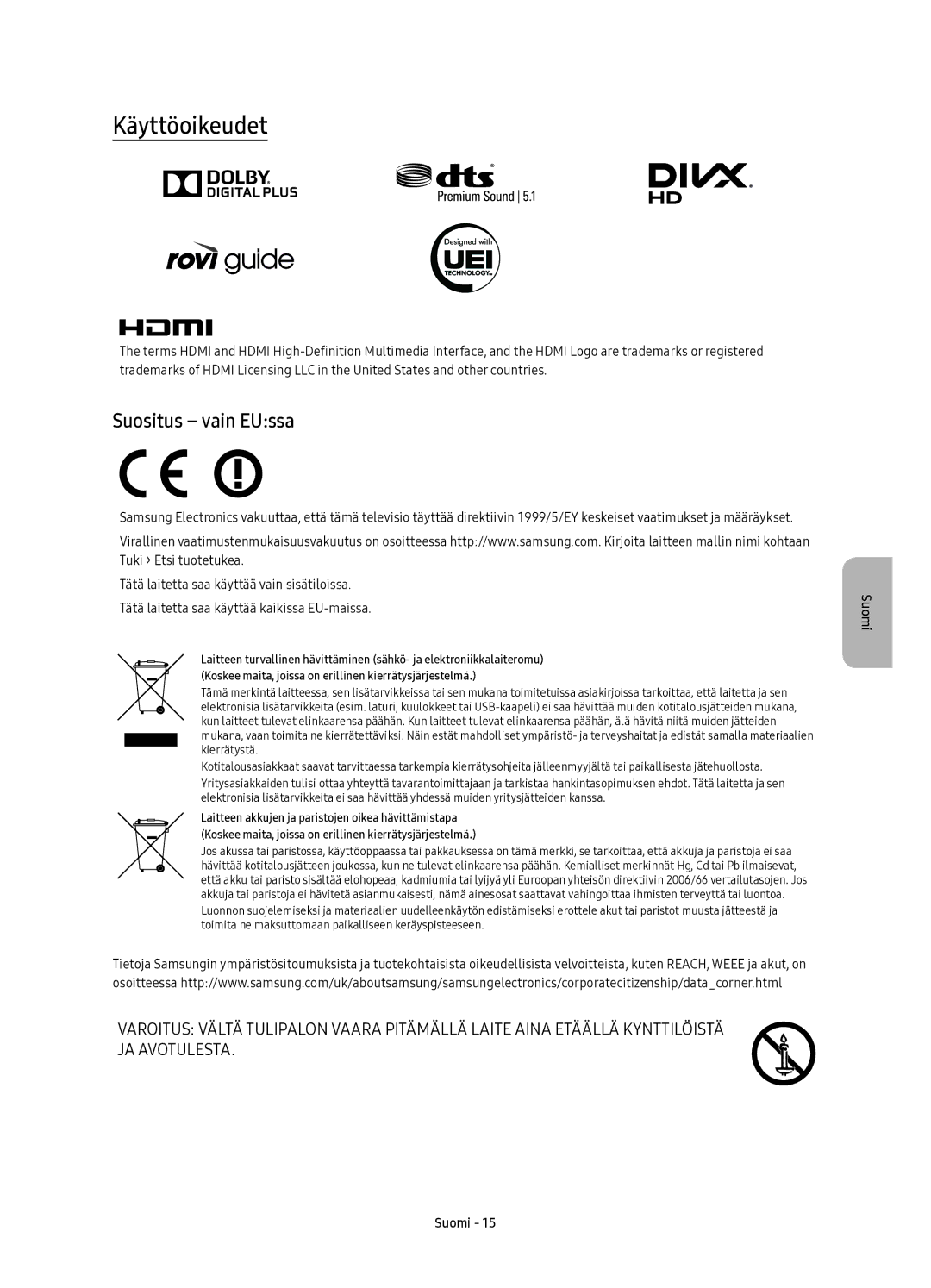 Samsung UE88KS9805TXXE manual Käyttöoikeudet, Suositus vain EUssa 