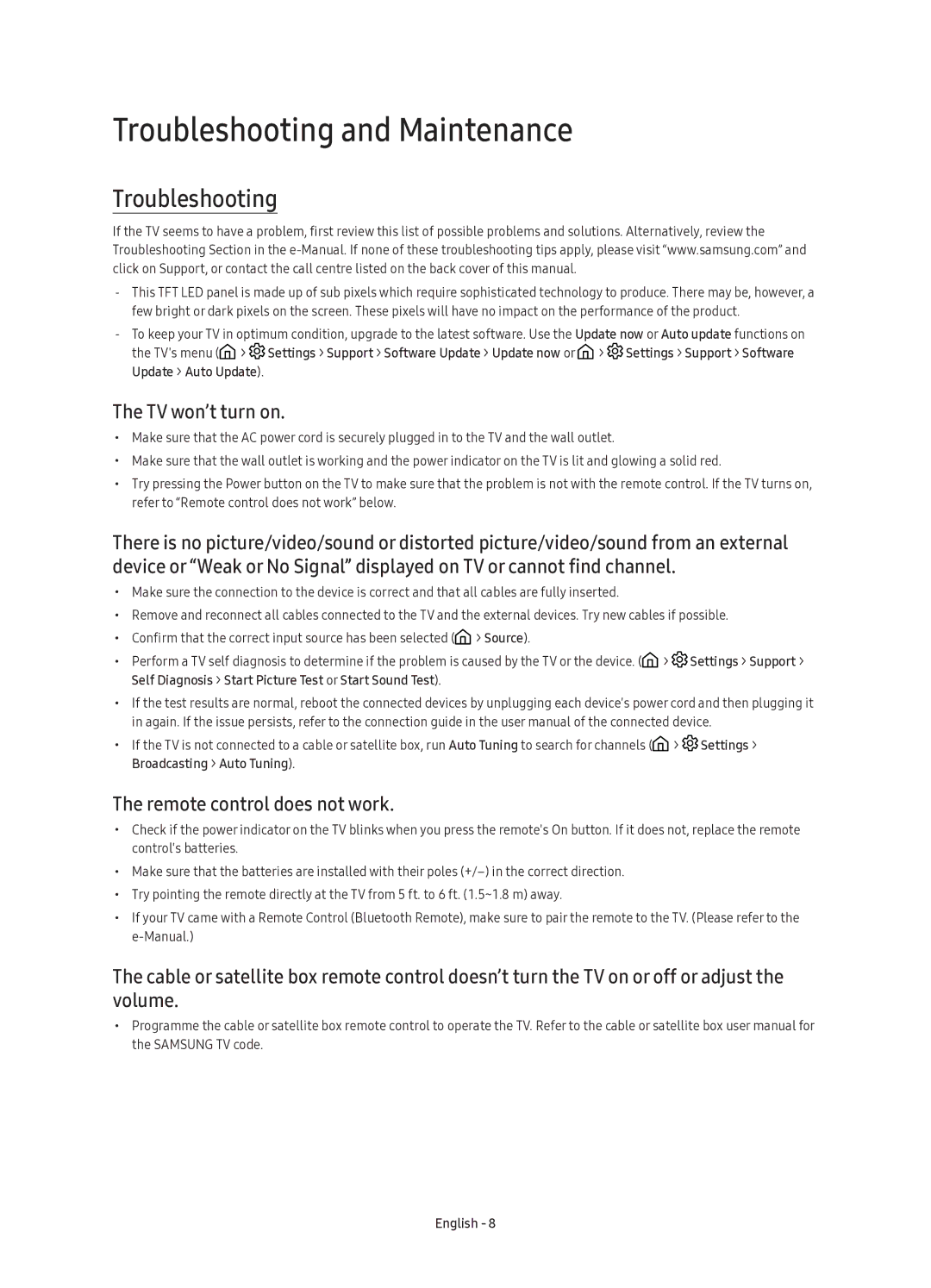 Samsung UE88KS9805TXXE manual Troubleshooting and Maintenance, TV won’t turn on, Remote control does not work 