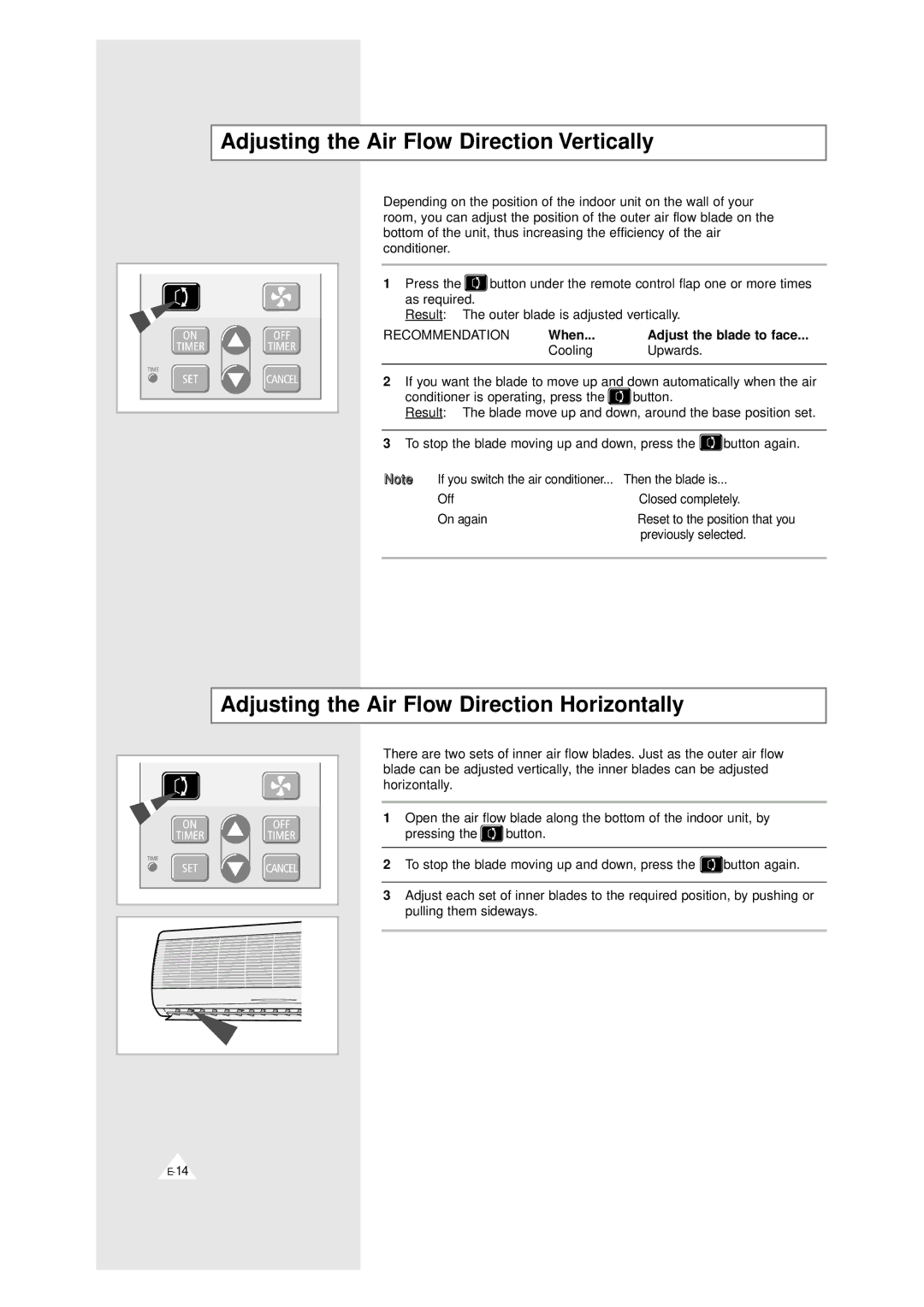 Samsung AM 19A1(B1)E12 Adjusting the Air Flow Direction Vertically, Adjusting the Air Flow Direction Horizontally 