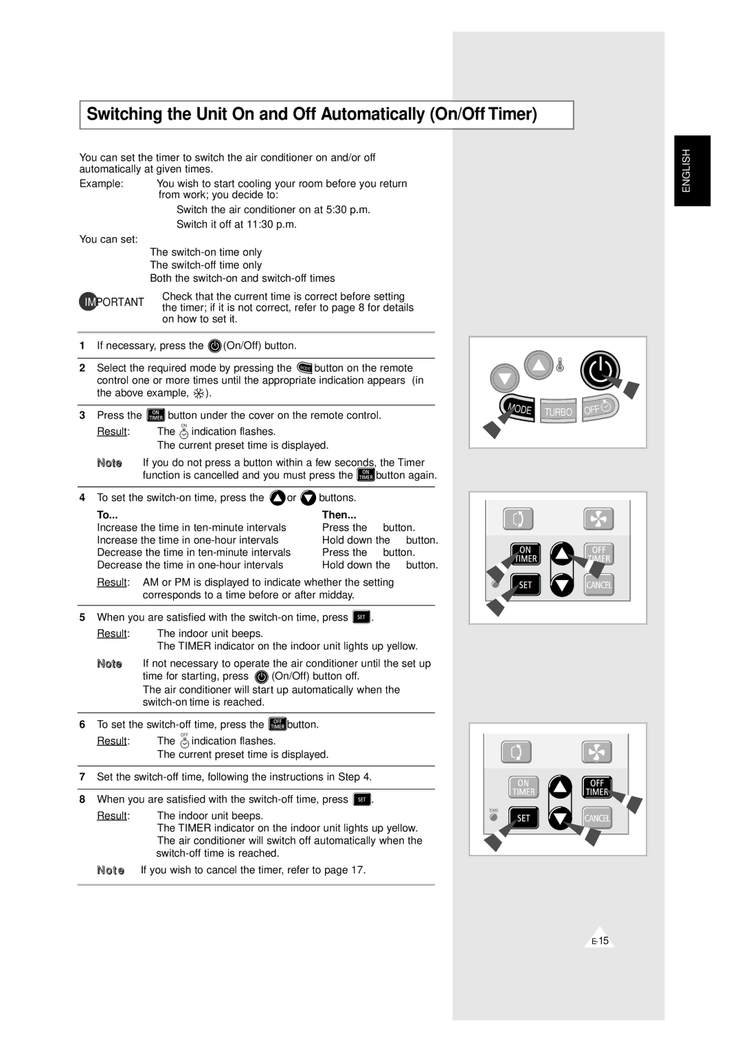 Samsung AM 18A1(B1)B09, UM 20A1(B1)E3, UM 18A1(B1)E2 Switching the Unit On and Off Automatically On/Off Timer, Then 