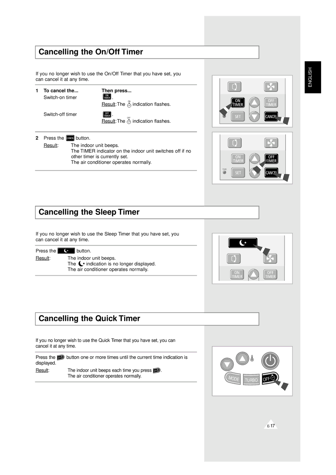 Samsung UM 18A1(B1)E2, UM 20A1(B1)E3 Cancelling the On/Off Timer, Cancelling the Sleep Timer, Cancelling the Quick Timer 