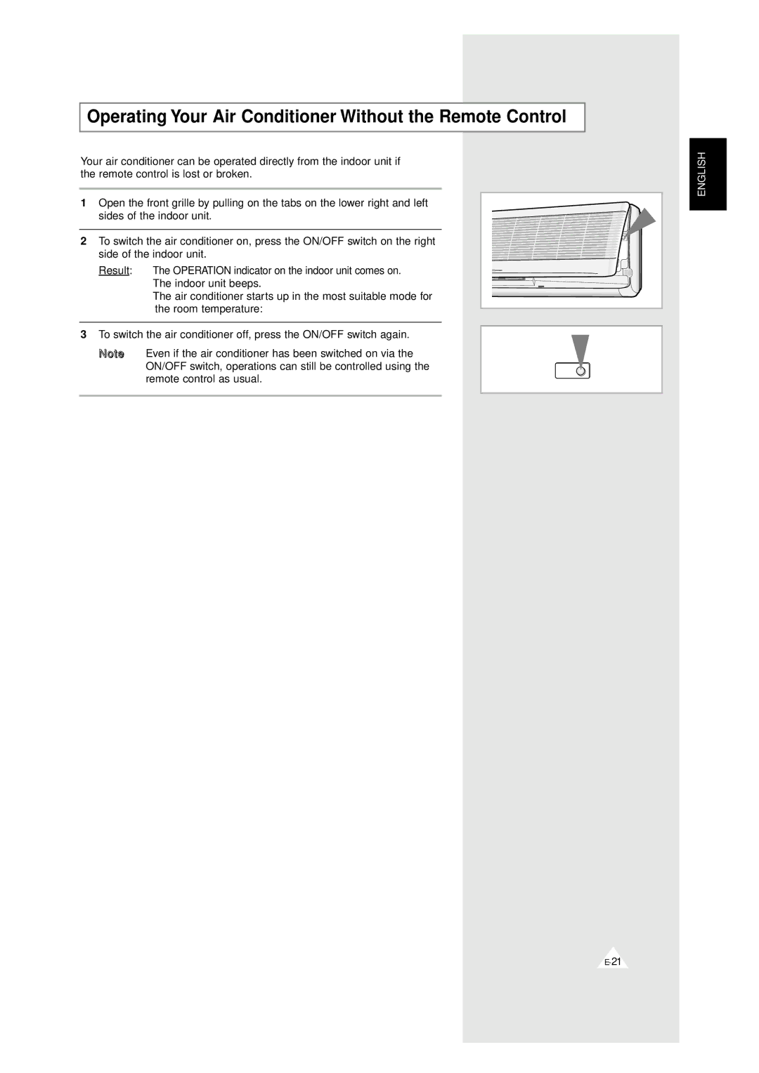 Samsung UM 18A1(B1)B2, UM 20A1(B1)E3, UM 18A1(B1)E2, UM 19A1(B1)E2 Operating Your Air Conditioner Without the Remote Control 