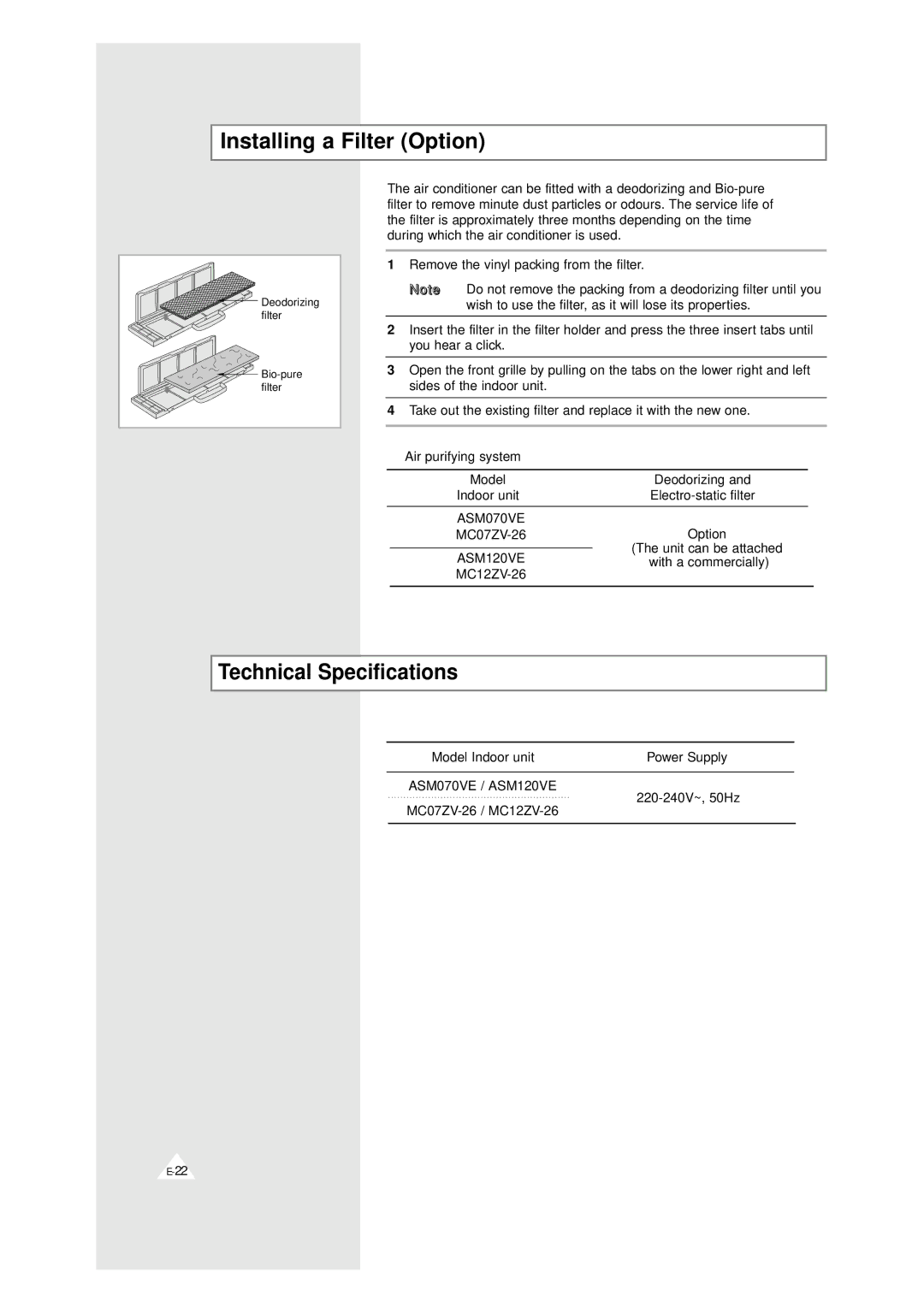 Samsung UM 26A1(B1)B2, UM 20A1(B1)E3, UM 18A1(B1)E2, UM 19A1(B1)E2 Installing a Filter Option, Technical Specifications 