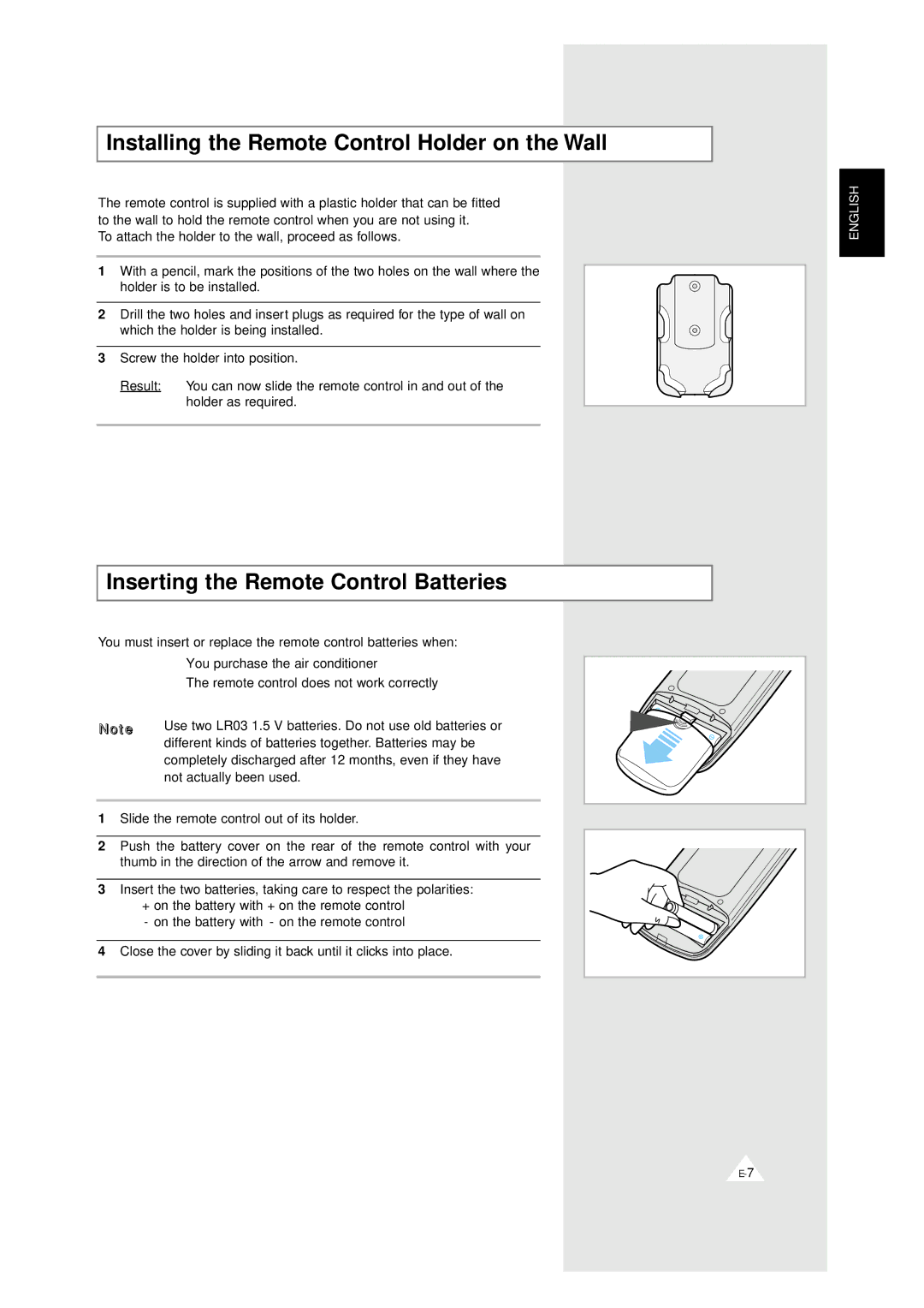 Samsung AM 19A1(B1)E07 Installing the Remote Control Holder on the Wall, Inserting the Remote Control Batteries 