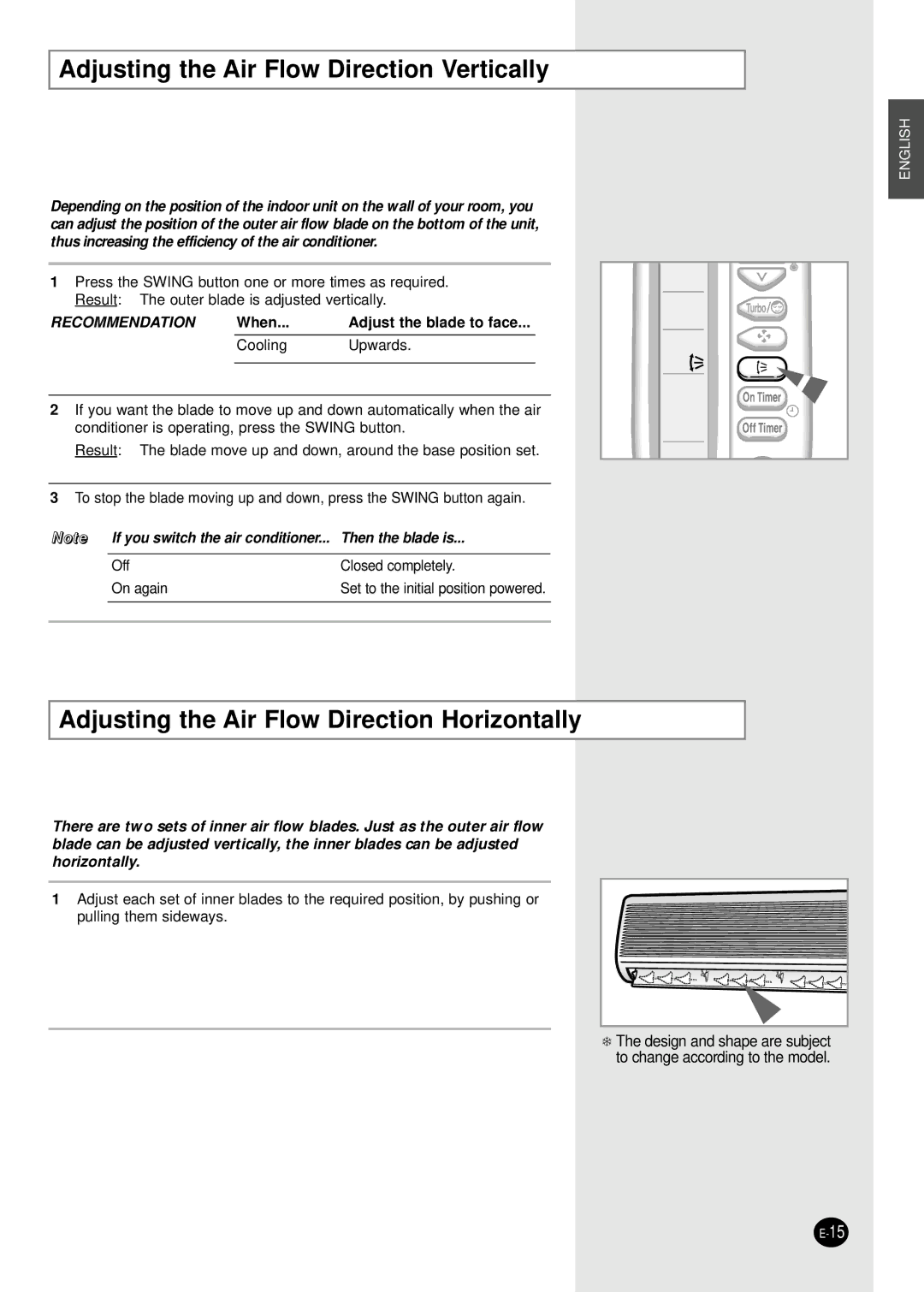 Samsung MC26AC2-12, UM1 Adjusting the Air Flow Direction Vertically, Adjusting the Air Flow Direction Horizontally 