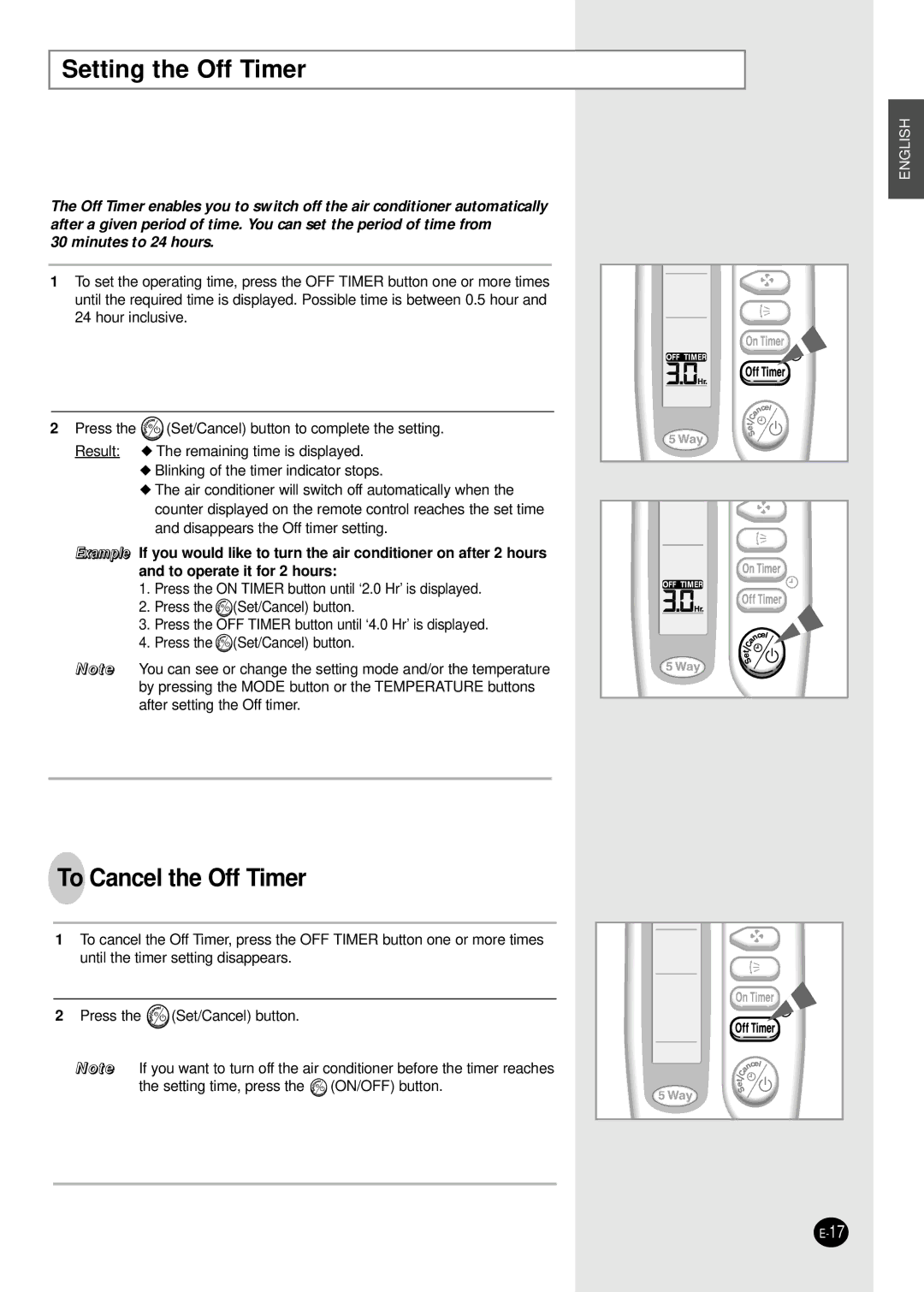 Samsung UM14B1(B2)E2, AM18B1(B2)E09, AM18B1(B2)B09, AM26B1(B2)E12 Setting the Off Timer, To Cancel the Off Timer 