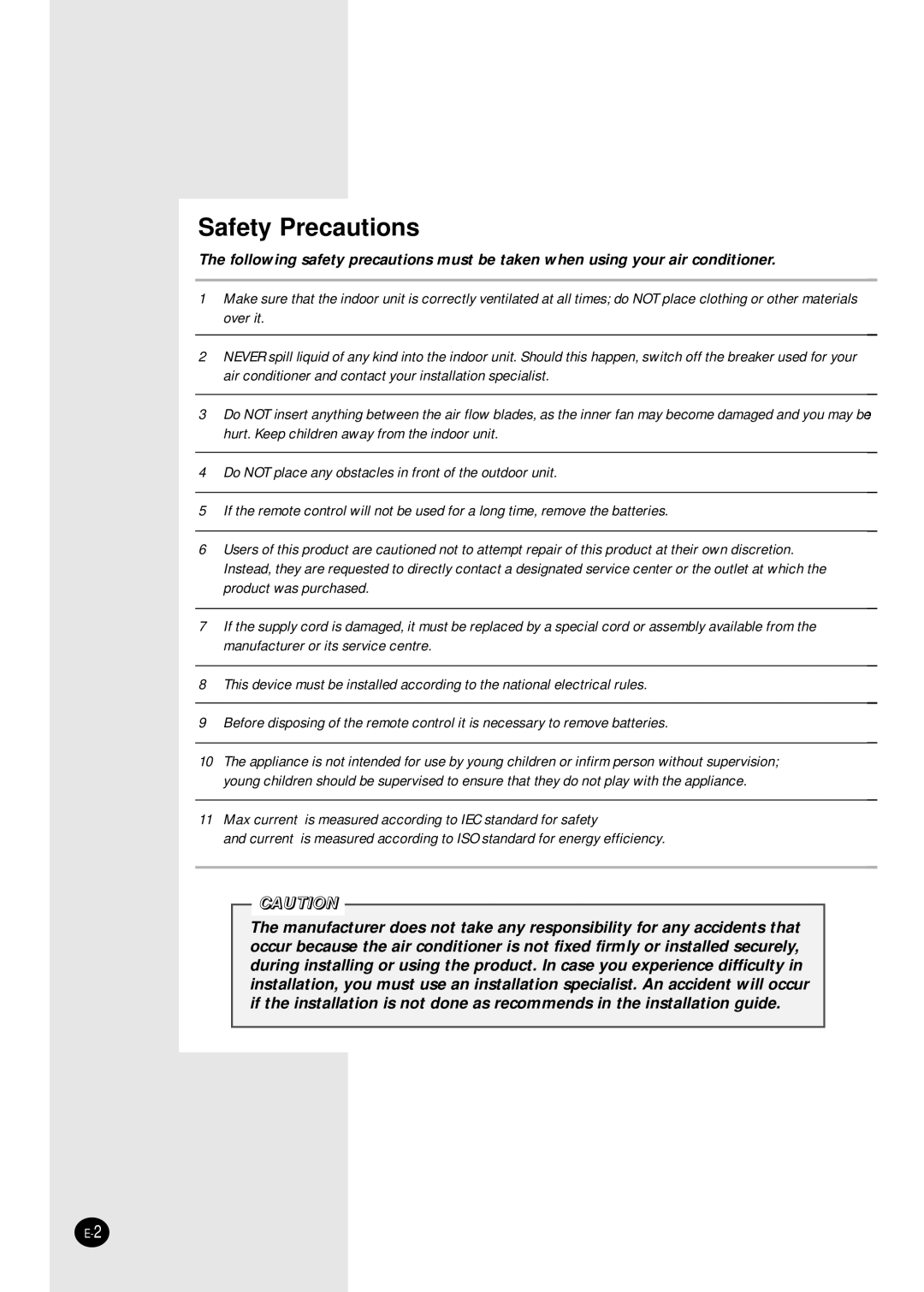 Samsung AM18B1(B2)E09, UM14B1(B2)E2, AM18B1(B2)B09, AM26B1(B2)E12, AM26B1(B2)B13, AM20B1(B2)E06, MC24AC2-12 Safety Precautions 