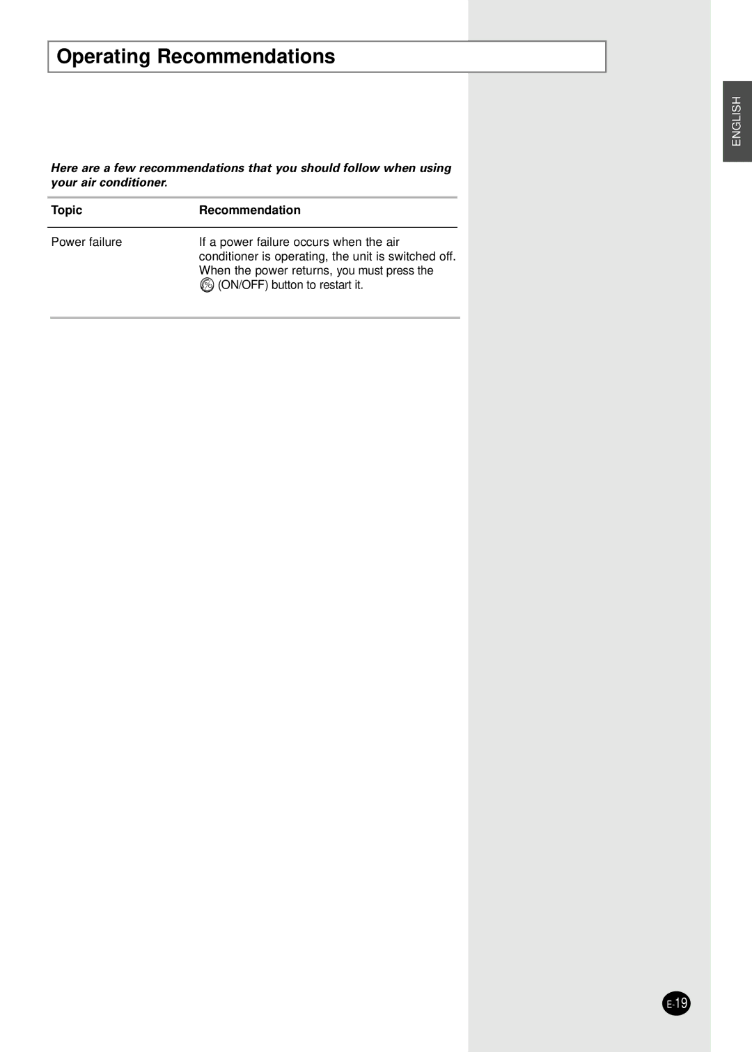 Samsung UM26B1C2, UM18B1C2, UM27B1C3, AM27B1C13, AM27B1C07, AM26B1C13 Operating Recommendations, TopicRecommendation 