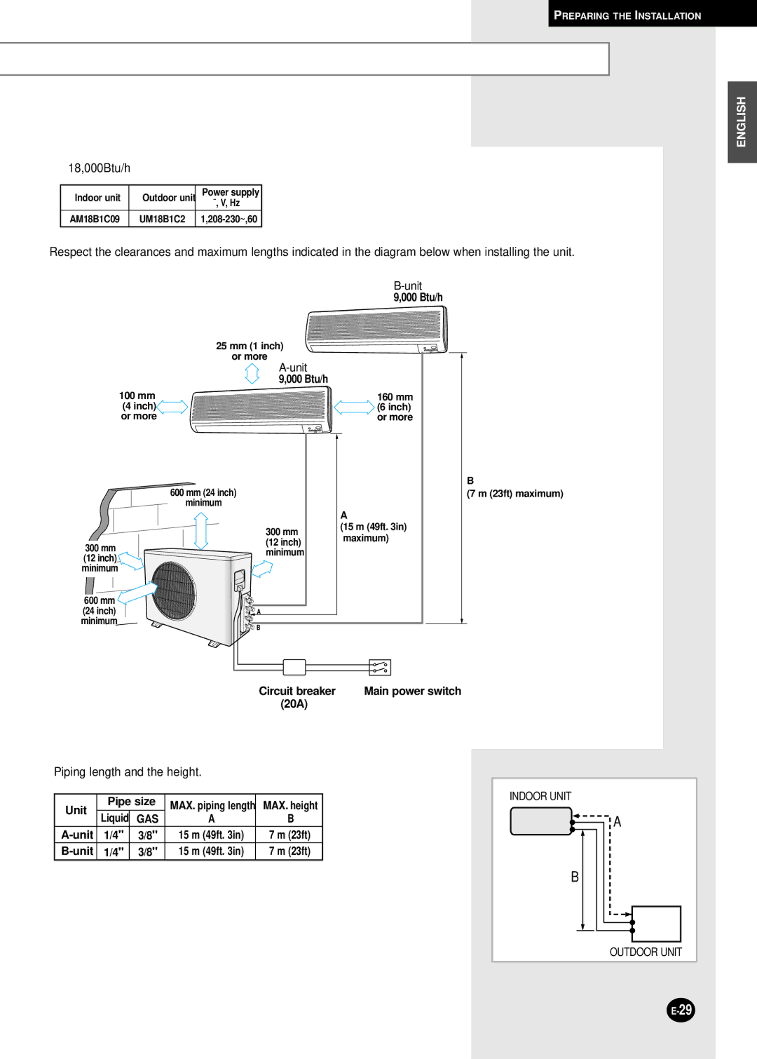 Samsung AM26B1C13, UM18B1C2, UM26B1C2, UM27B1C3, AM27B1C13, AM27B1C07 installation manual Unit, Piping length and the height 