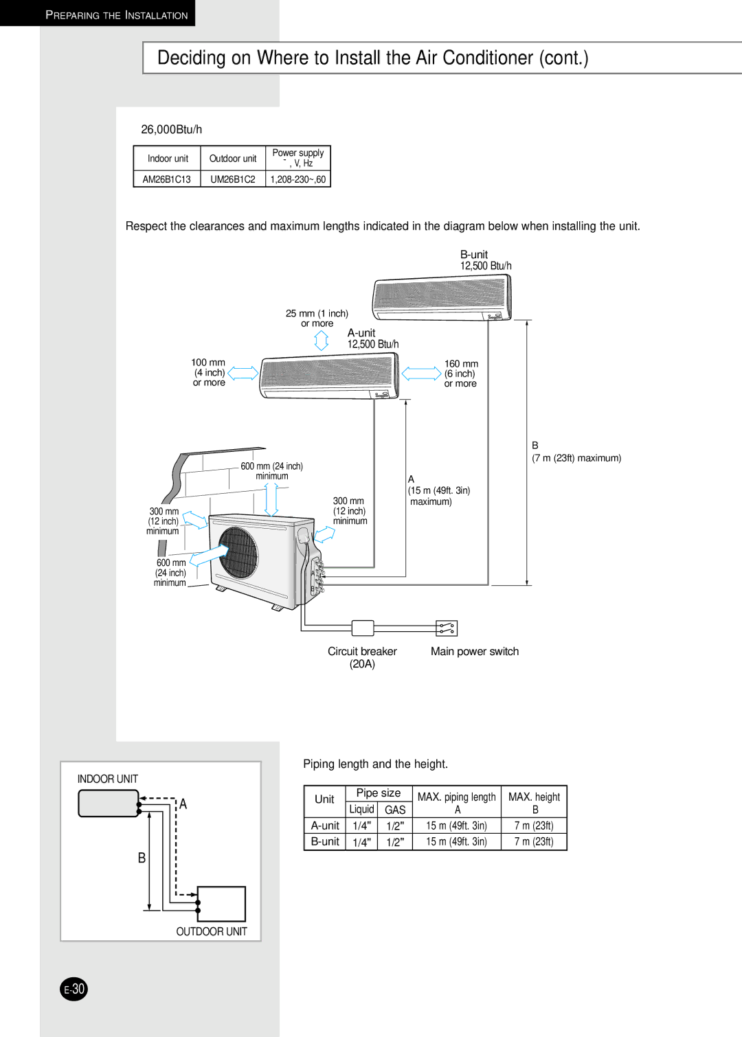 Samsung UM18B1C2, UM26B1C2, UM27B1C3, AM27B1C13, AM27B1C07, AM26B1C13 installation manual 26,000Btu/h 