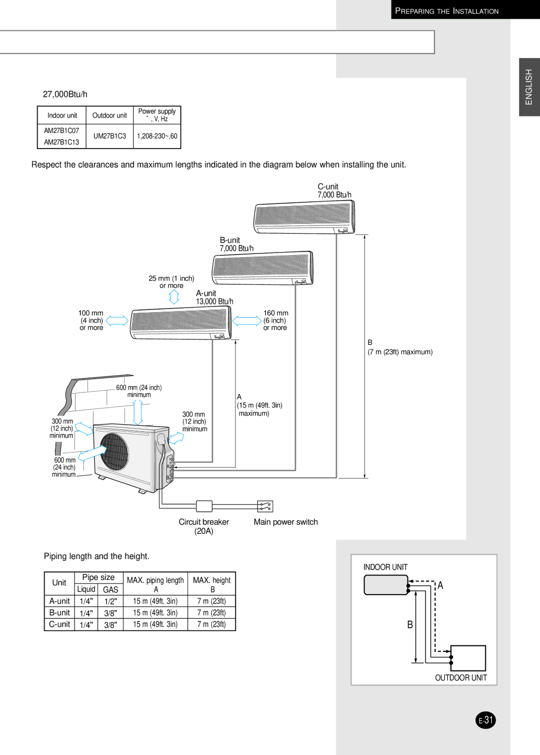 Samsung UM26B1C2, UM18B1C2, UM27B1C3, AM27B1C13, AM27B1C07, AM26B1C13 installation manual 27,000Btu/h 