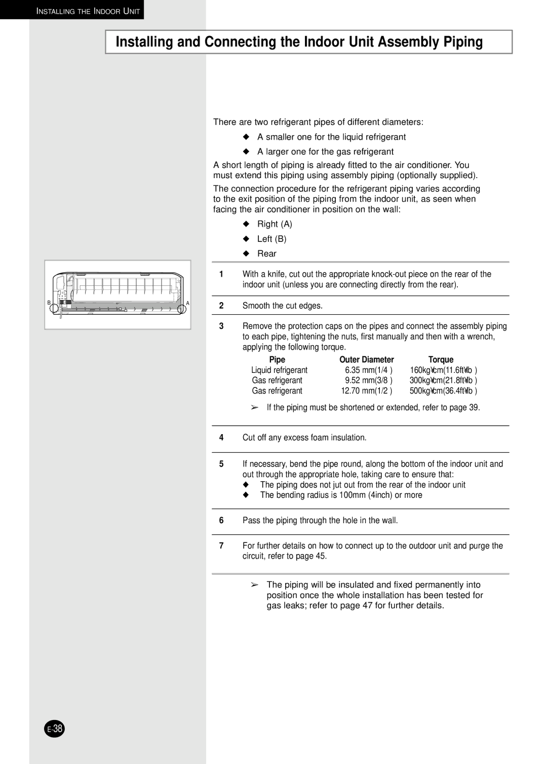 Samsung UM27B1C3, UM18B1C2, UM26B1C2, AM27B1C13 Installing and Connecting the Indoor Unit Assembly Piping, Pipe, Torque 